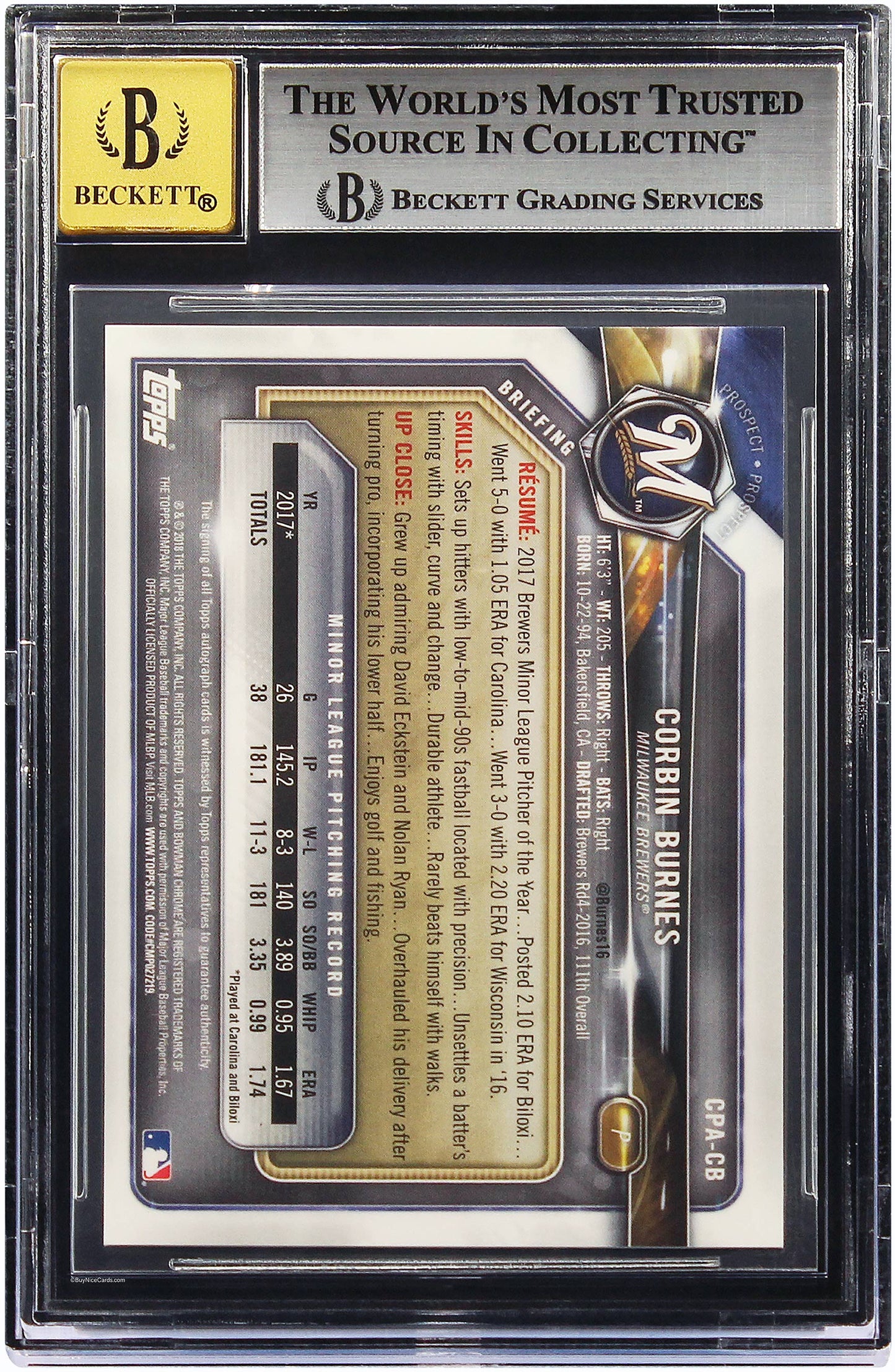2018 Corbin Burnes Bowman Chrome Prospect RC Rookie Auto #CPACB BGS 9 Mint