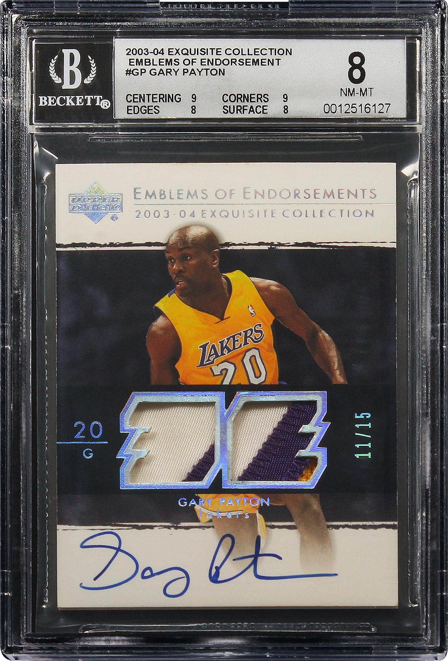 2003-04 Gary Payton UD Exquisite Emblems of Endorsement Patch Auto /15 #GP BGS 8
