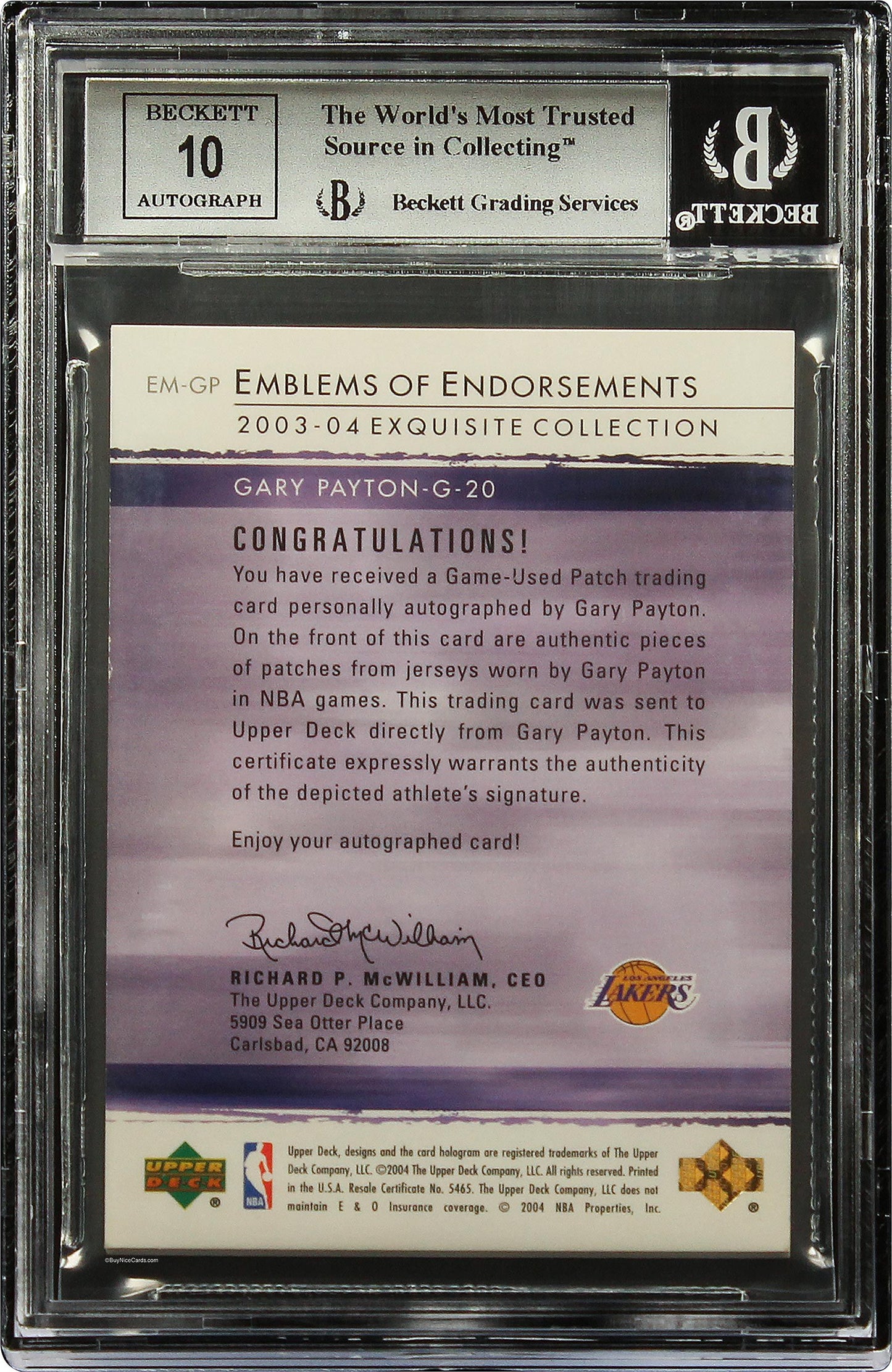2003-04 Gary Payton UD Exquisite Emblems of Endorsement Patch Auto /15 #GP BGS 8