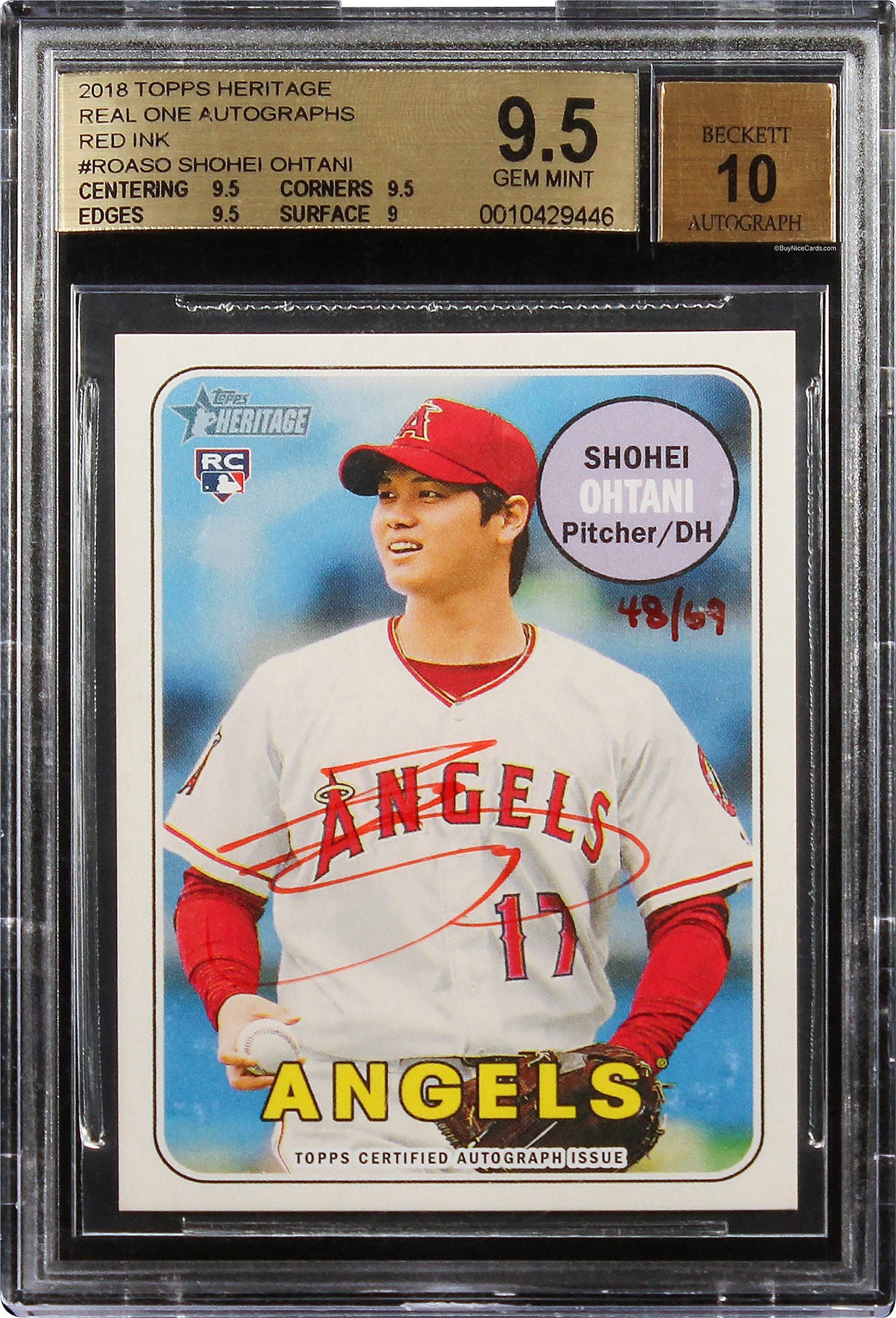 2018 Shohei Ohtani Topps Heritage Real One Red Ink Auto /69 #ROASO BGS 9.5 / 10