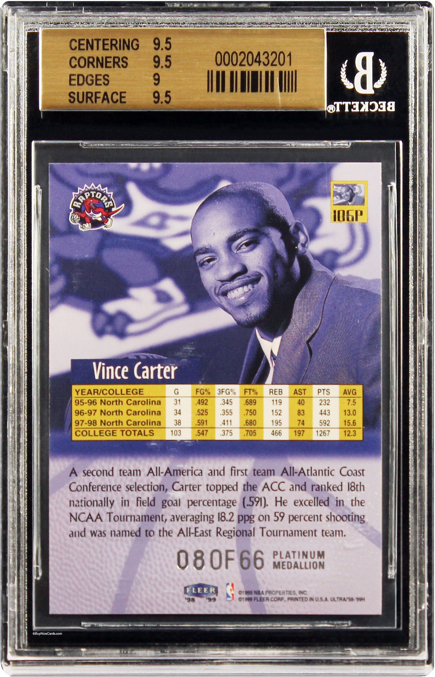 1998 Vince Carter Fleer Ultra Platinum Medallion RC Rookie /66 # 106 BGS 9.5 Gem Mint Pop 4