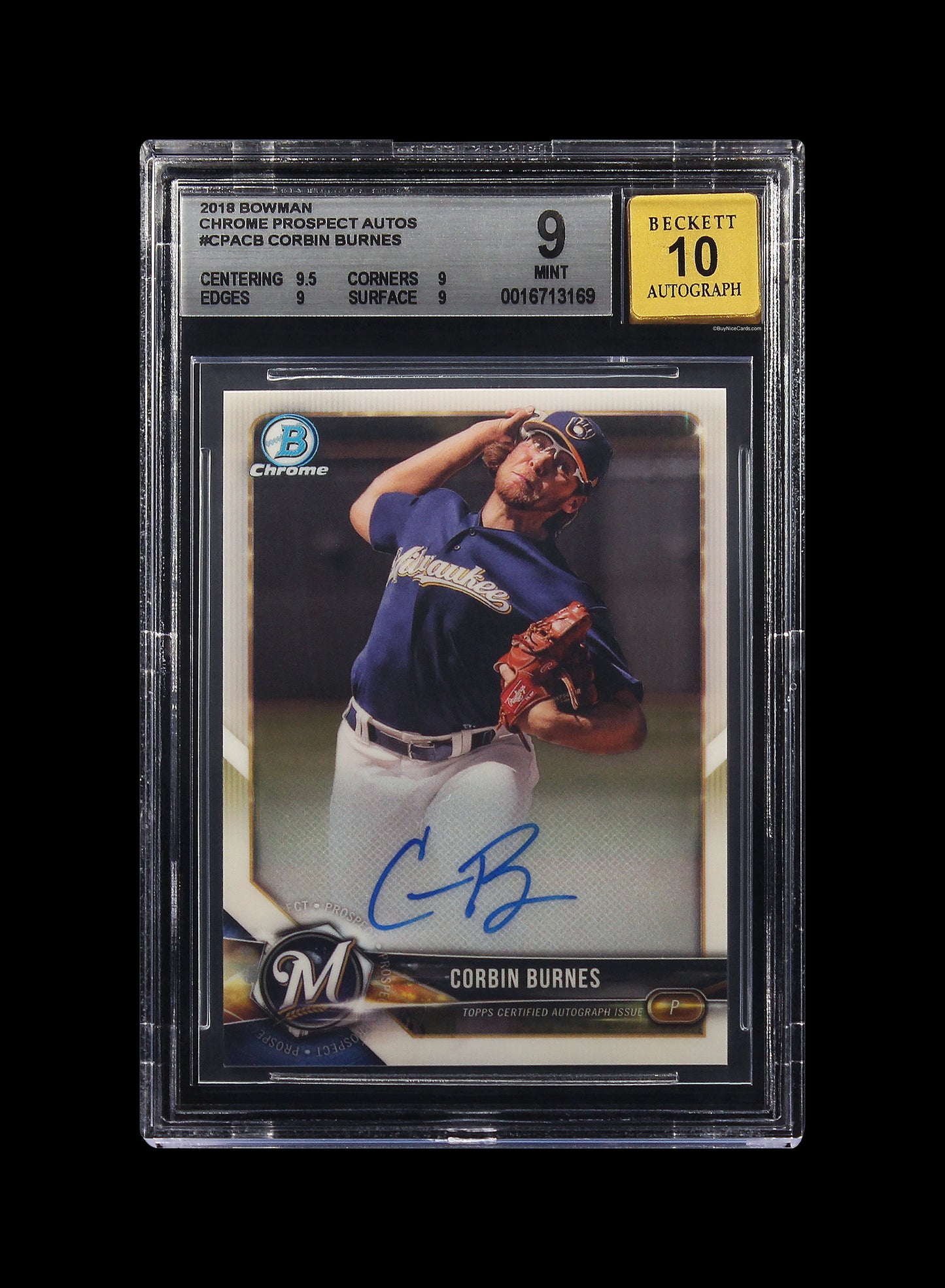 2018 Corbin Burnes Bowman Chrome Prospect RC Rookie Auto #CPACB BGS 9 Mint