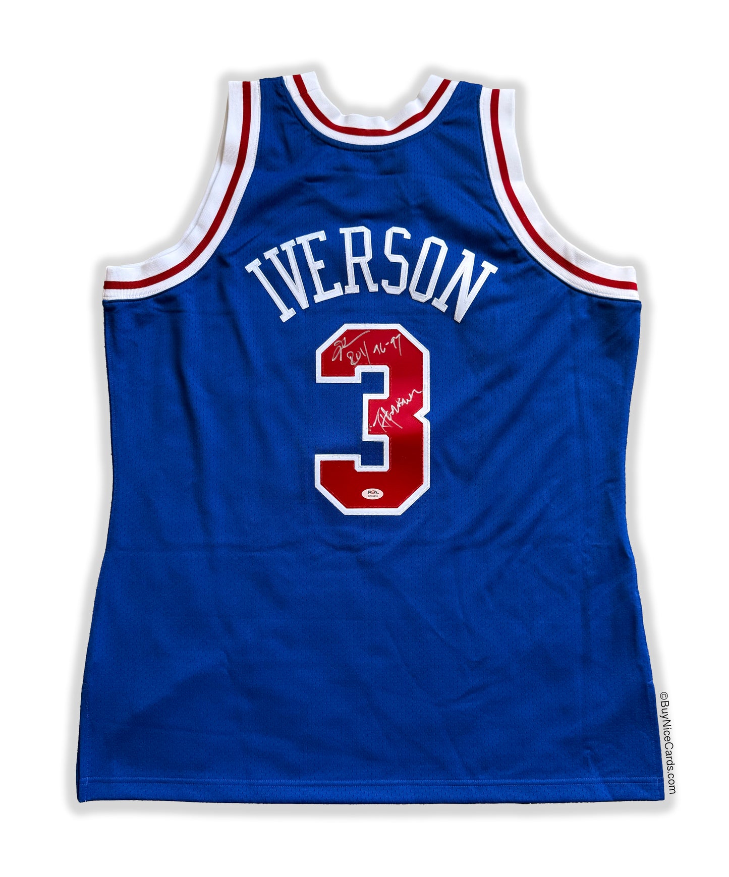 1996-97 Allen Iverson Mitchell & Ness Royal Authentic 76ers Autograph & Inscribed Jersey PSA