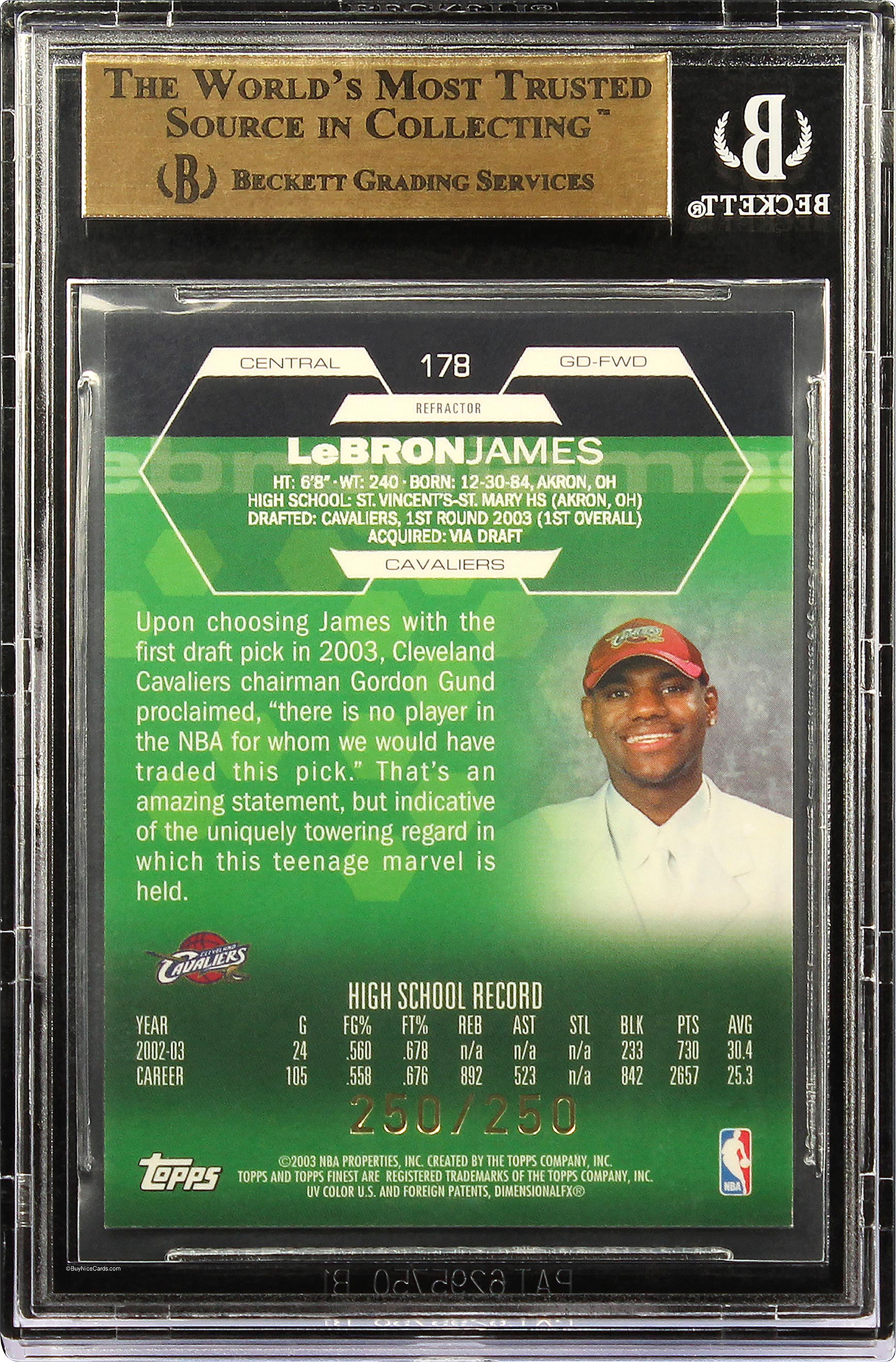 2002-03 Lebron James Topps Finest Refractor XRC RC Rookie #250/250 #178 BGS 9.5