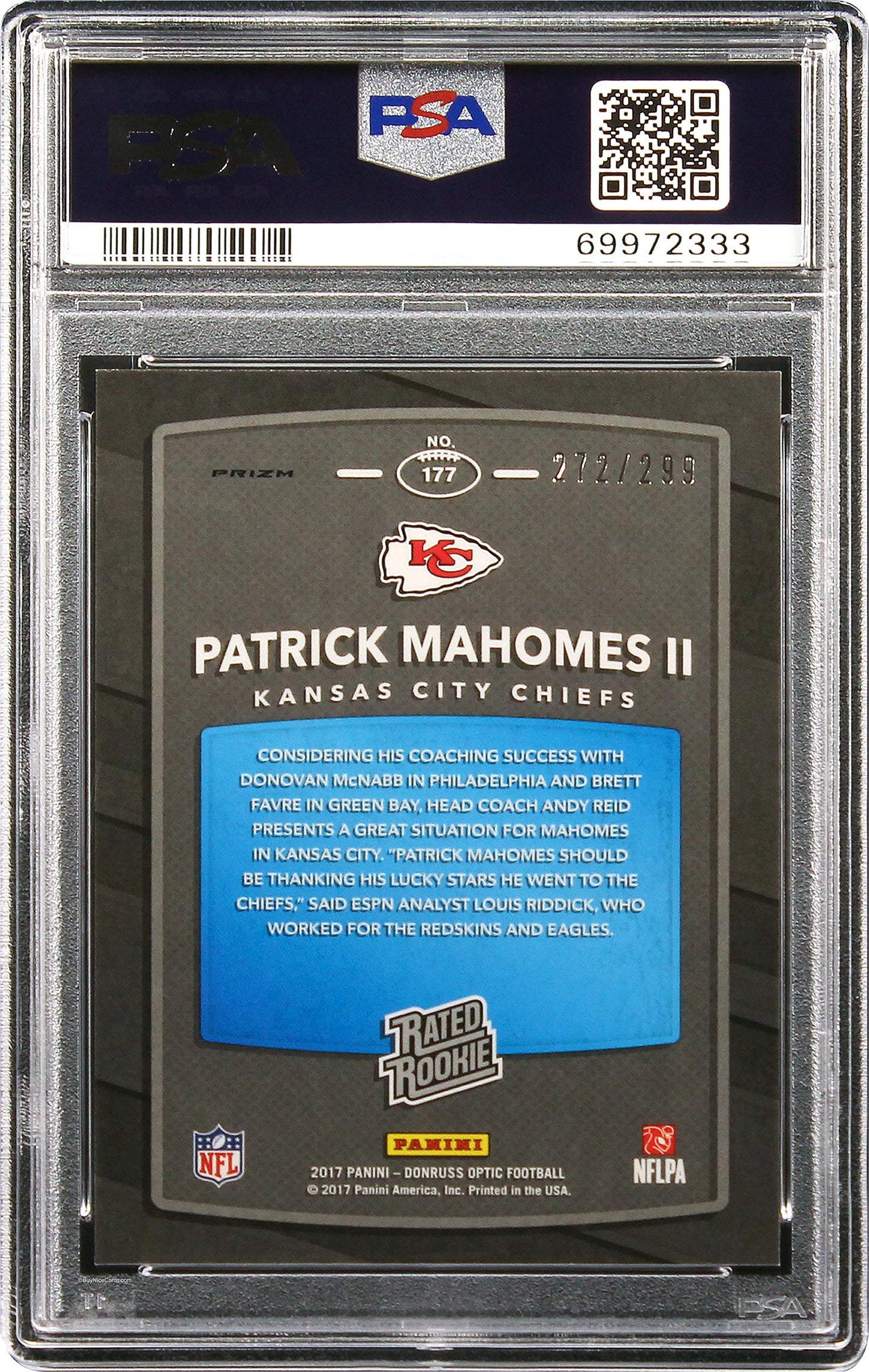 2017 Patrick Mahomes II Panini Donruss Optic Aqua RC Rookie /299 #177 PSA 10