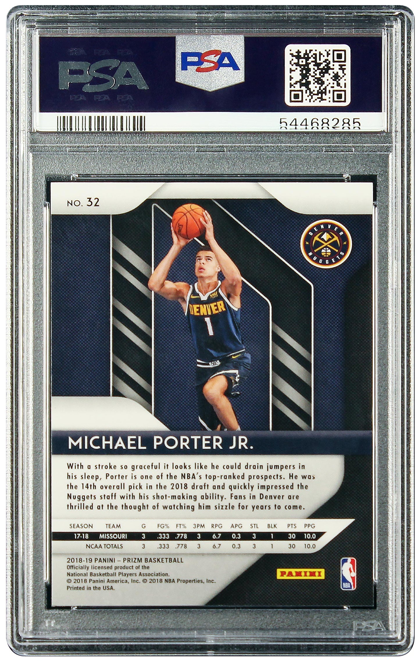 2018 Michael Porter Jr. Panini Prizm Base RC Rookie #32 PSA 10 Gem Mint