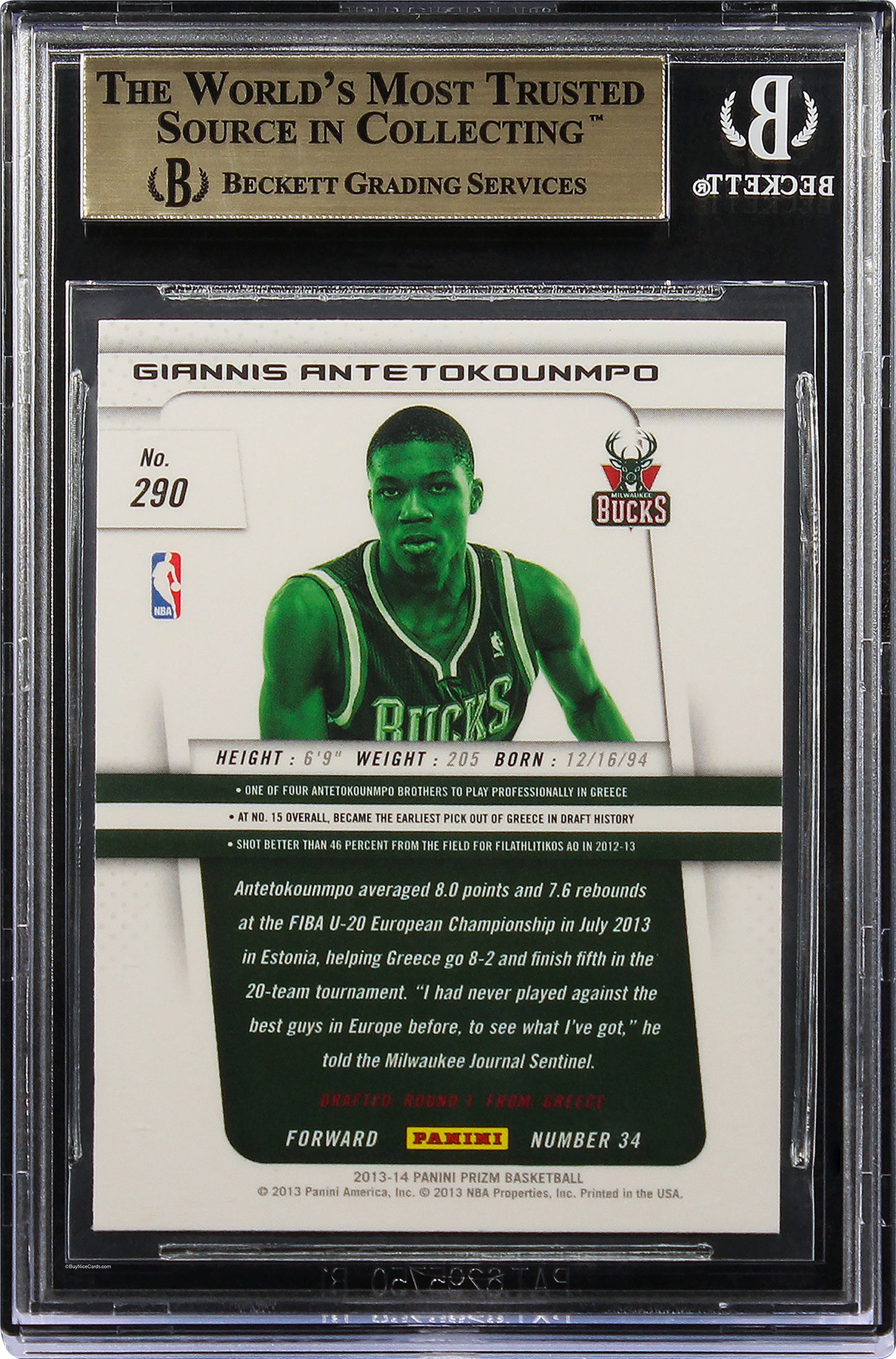 2013 Giannis Antetokounmpo Panini Prizm Base RC Rookie #290 BGS 10 Pristine