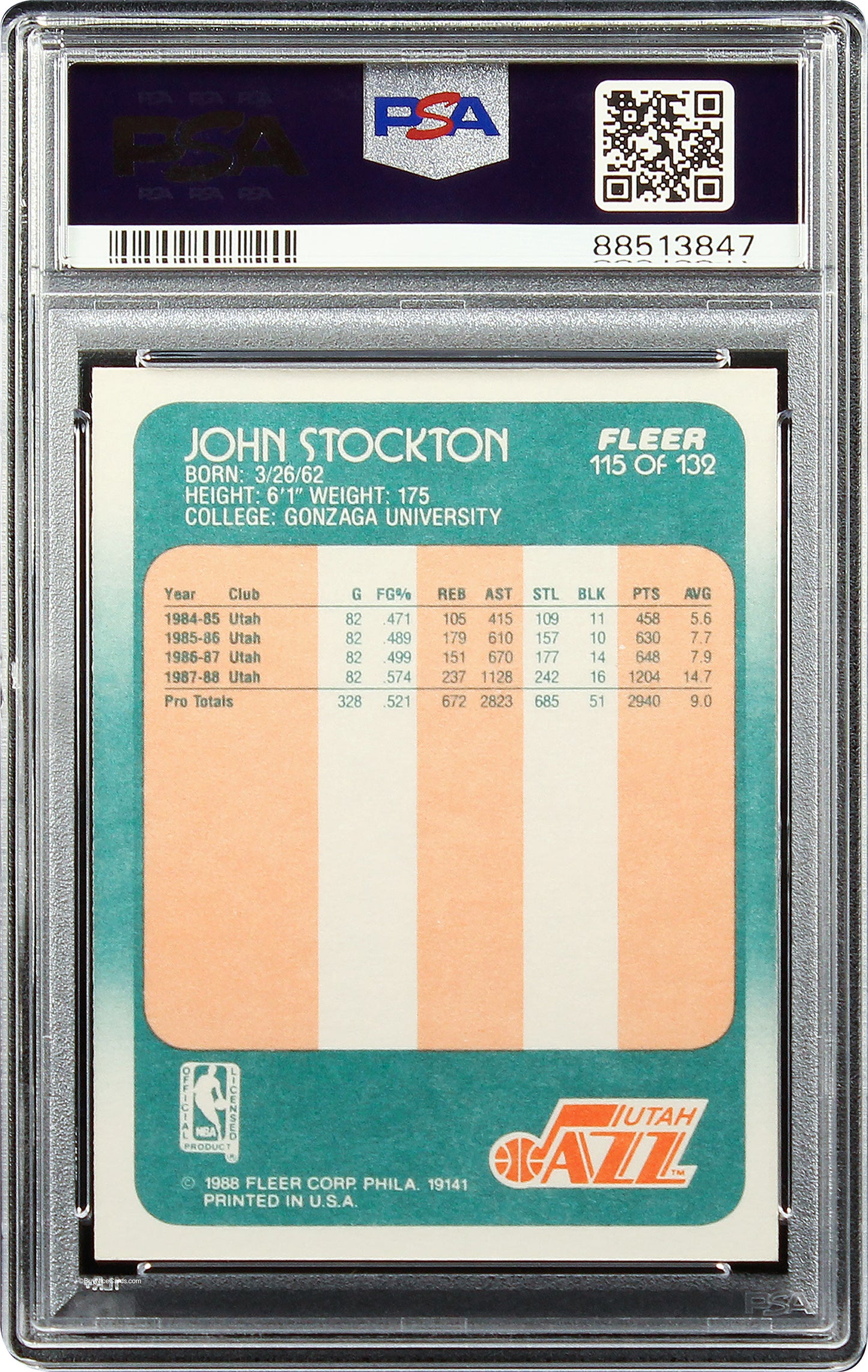 1988 John Stockton Fleer RC Rookie Auto #115 PSA 9