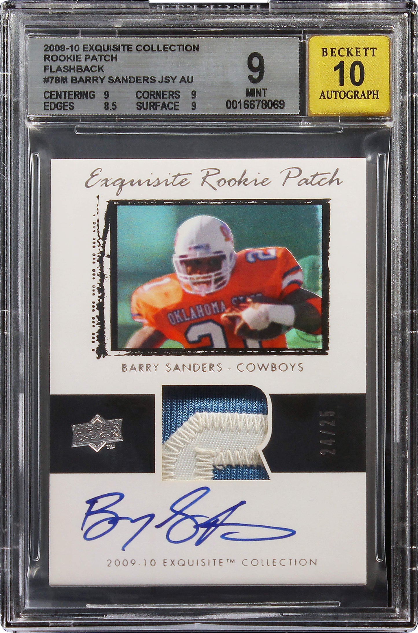 2009-10 Barry Sanders Upper Deck Exquisite Flashback RC Rookie Patch Auto /25 BGS 9
