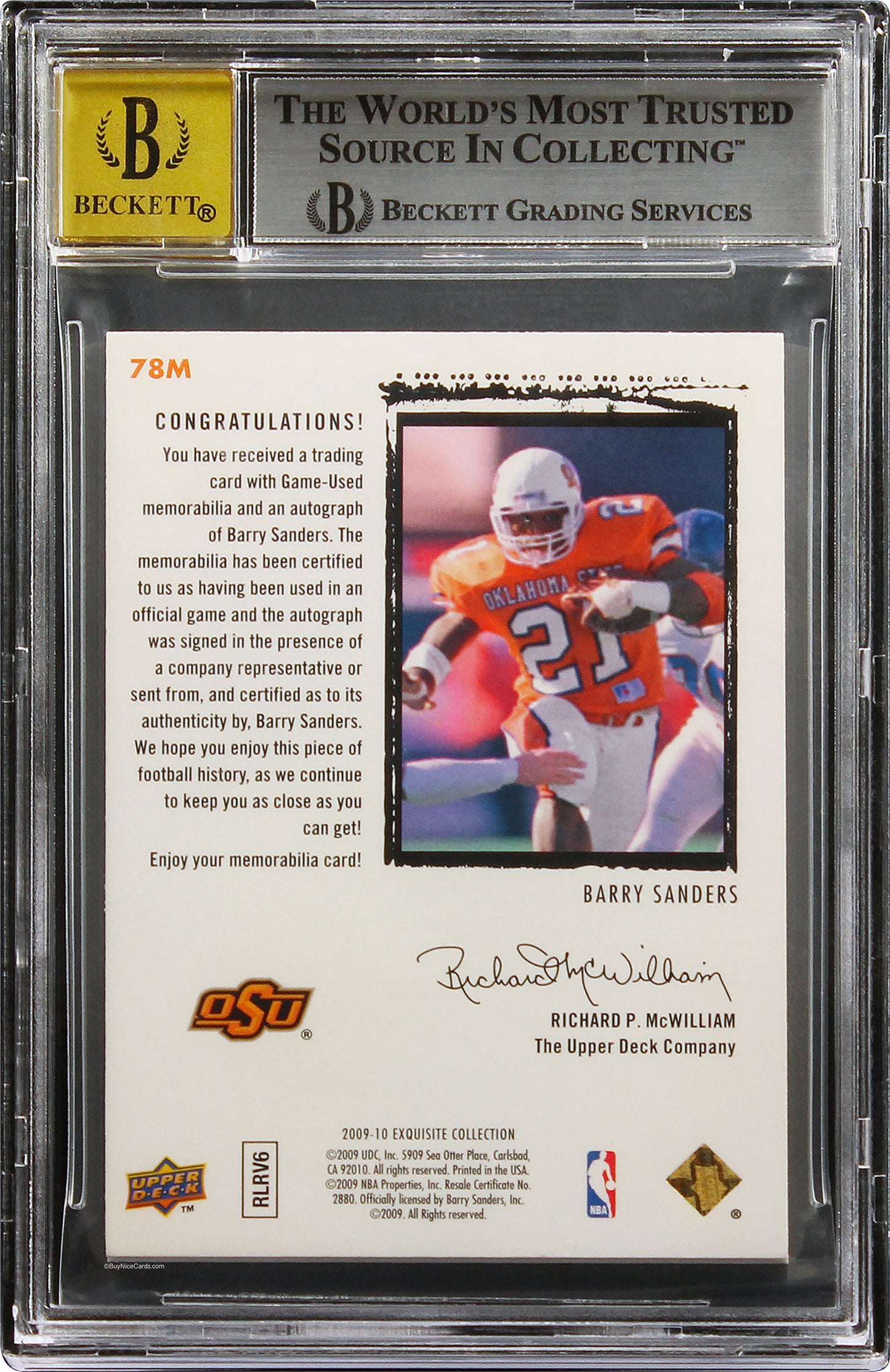 2009-10 Barry Sanders Upper Deck Exquisite Flashback RC Rookie Patch Auto /25 BGS 9