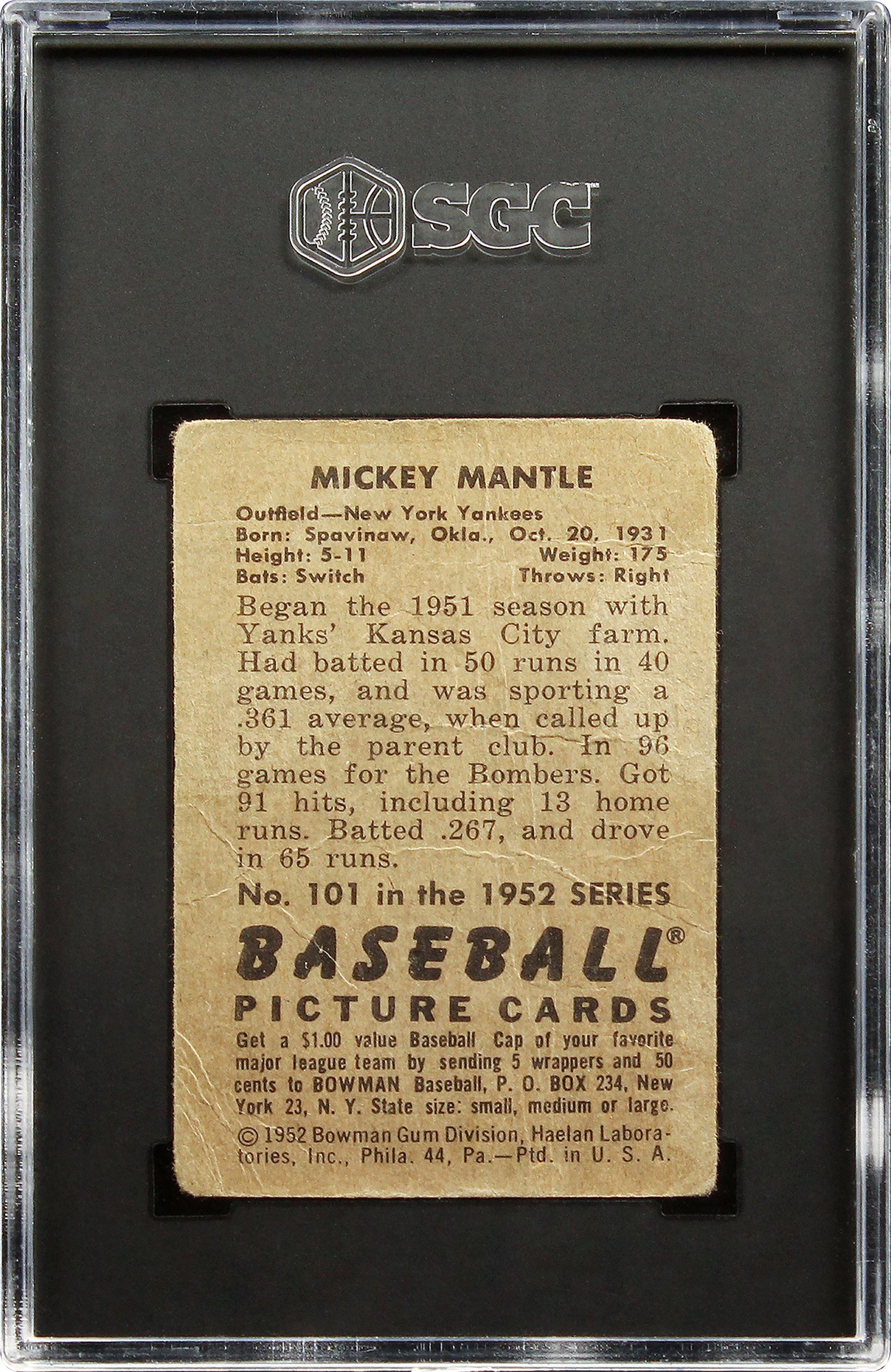 1952 Mickey Mantle Bowman #101 SGC 1 PR
