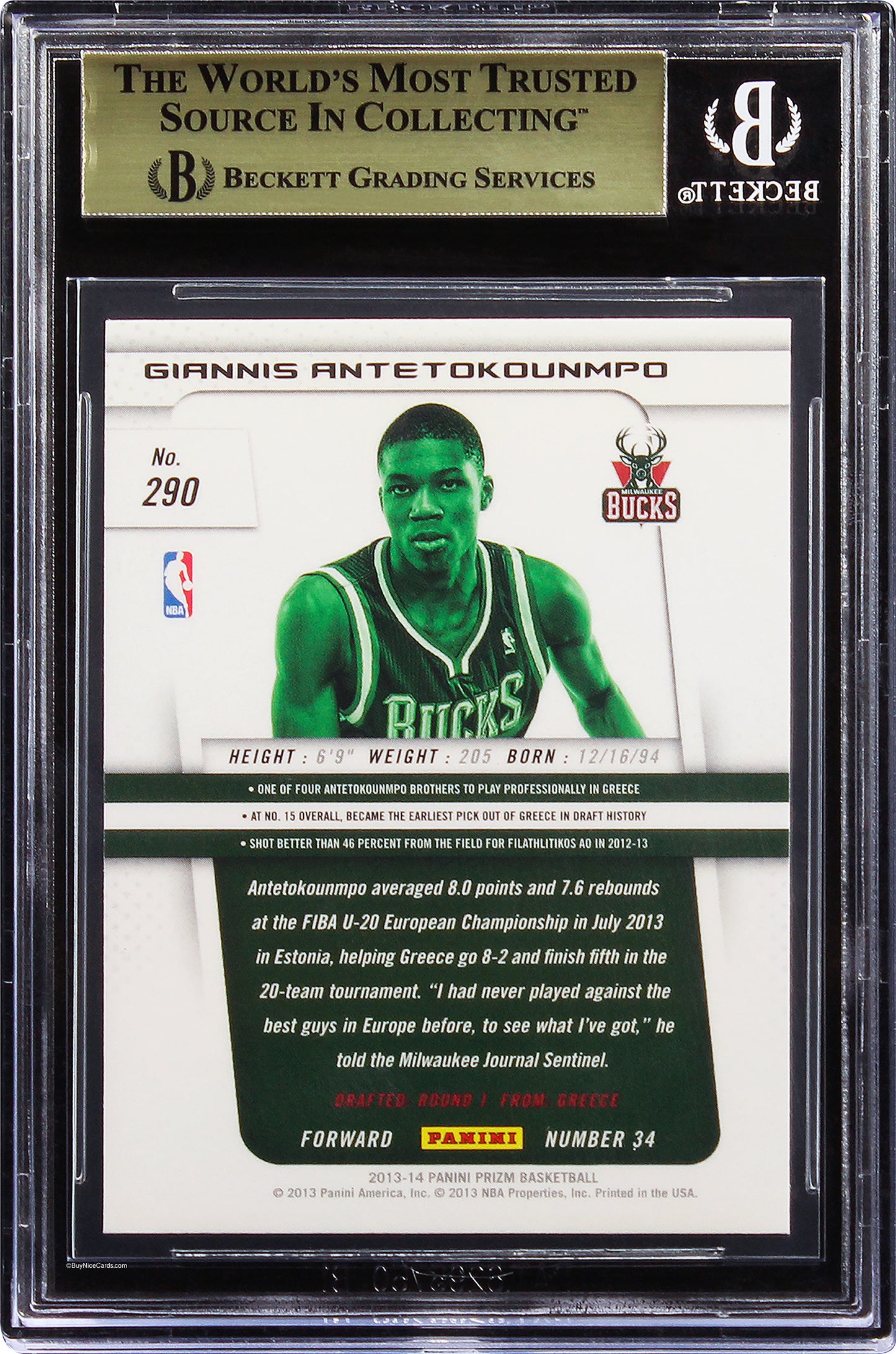 2013-14 Giannis Antetokounmpo Panini Prizm Base RC Rookie #290 BGS 9.5 Gem Mint