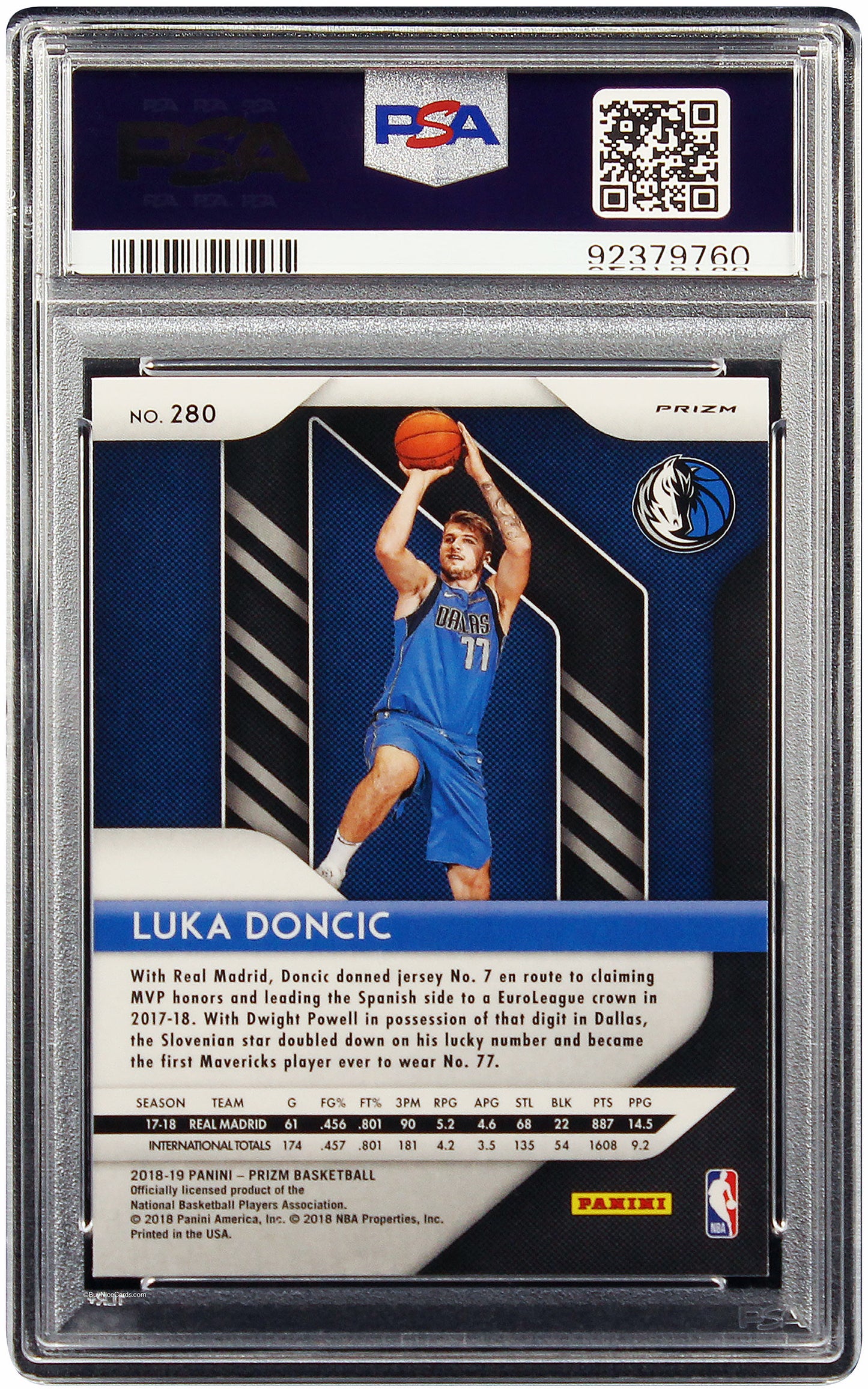 2018 Luka Doncic Panini Prizm Red White Blue Prizms Refractor SP RC Rookie #280 PSA 9 Gem Mint