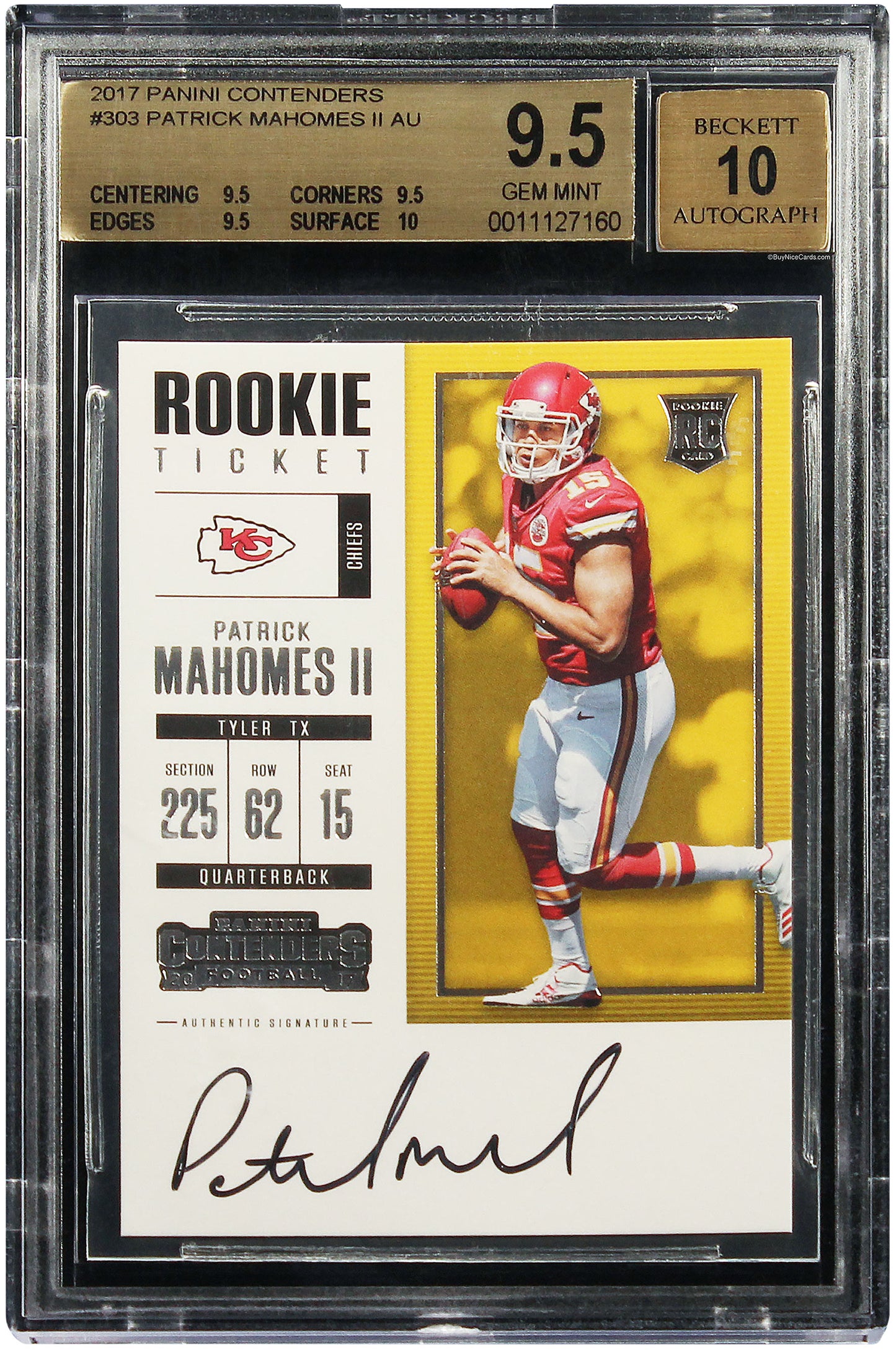 2017 Patrick Mahomes Panini Contenders Rookie Ticket RC Rookie Auto /212 #303 BGS 9.5 Pop 5 True Gem Plus