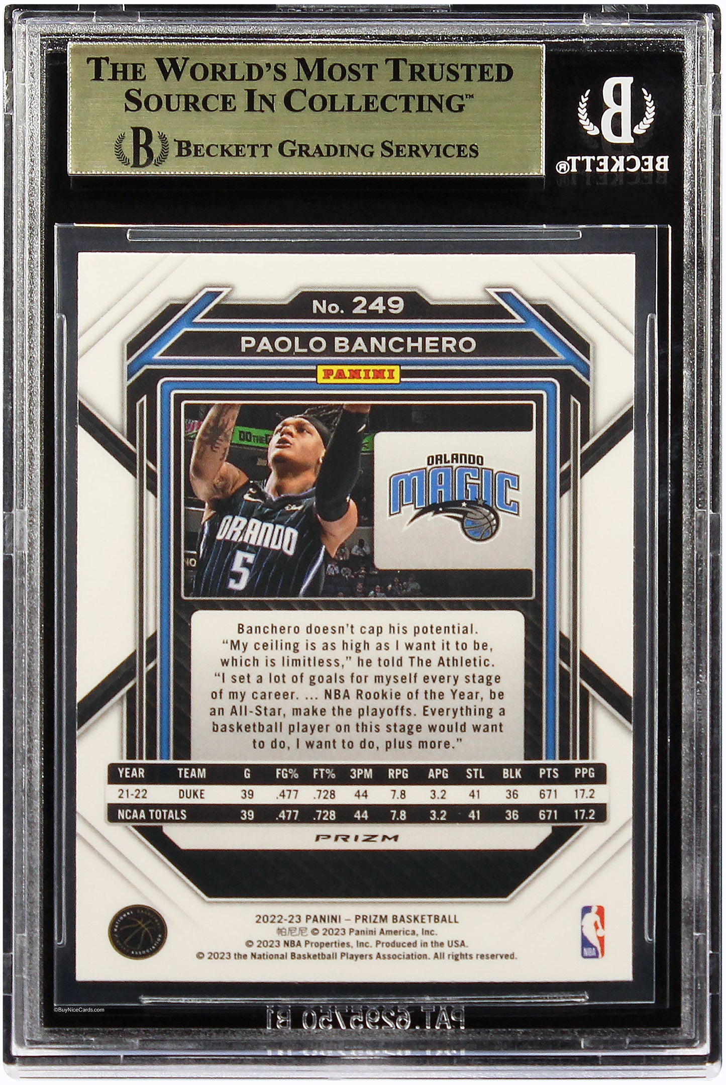 2022 Paolo Banchero Panini Prizm Silver Prizms SP RC Rookie #249 BGS 9.5 Gem Mint
