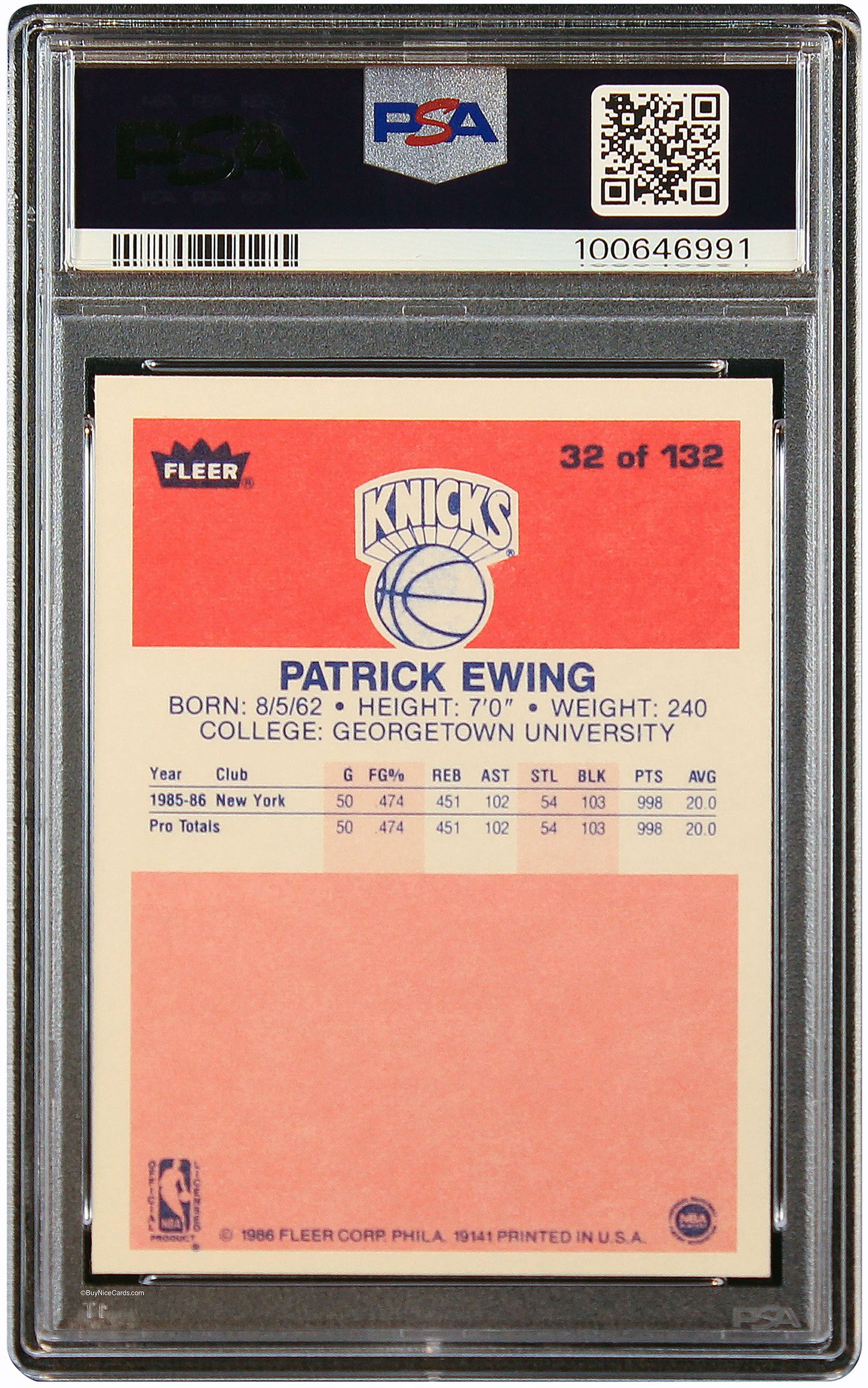 1986 Patick Ewing Fleer RC Rookie Auto #32 PSA 8 / 10 Auto