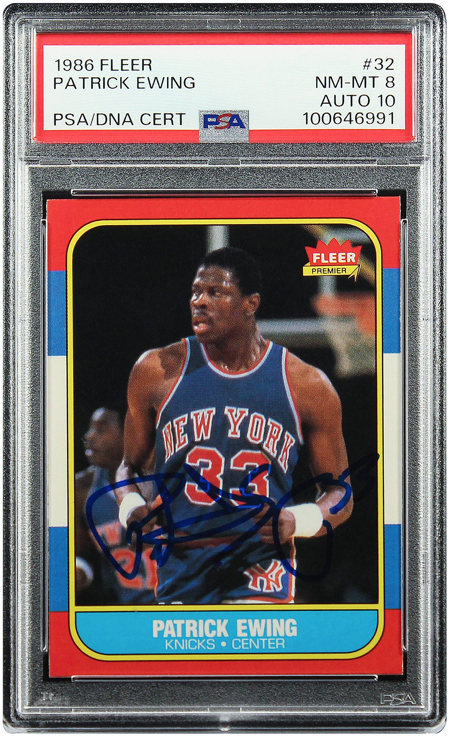 1986 Patick Ewing Fleer RC Rookie Auto #32 PSA 8 / 10 Auto