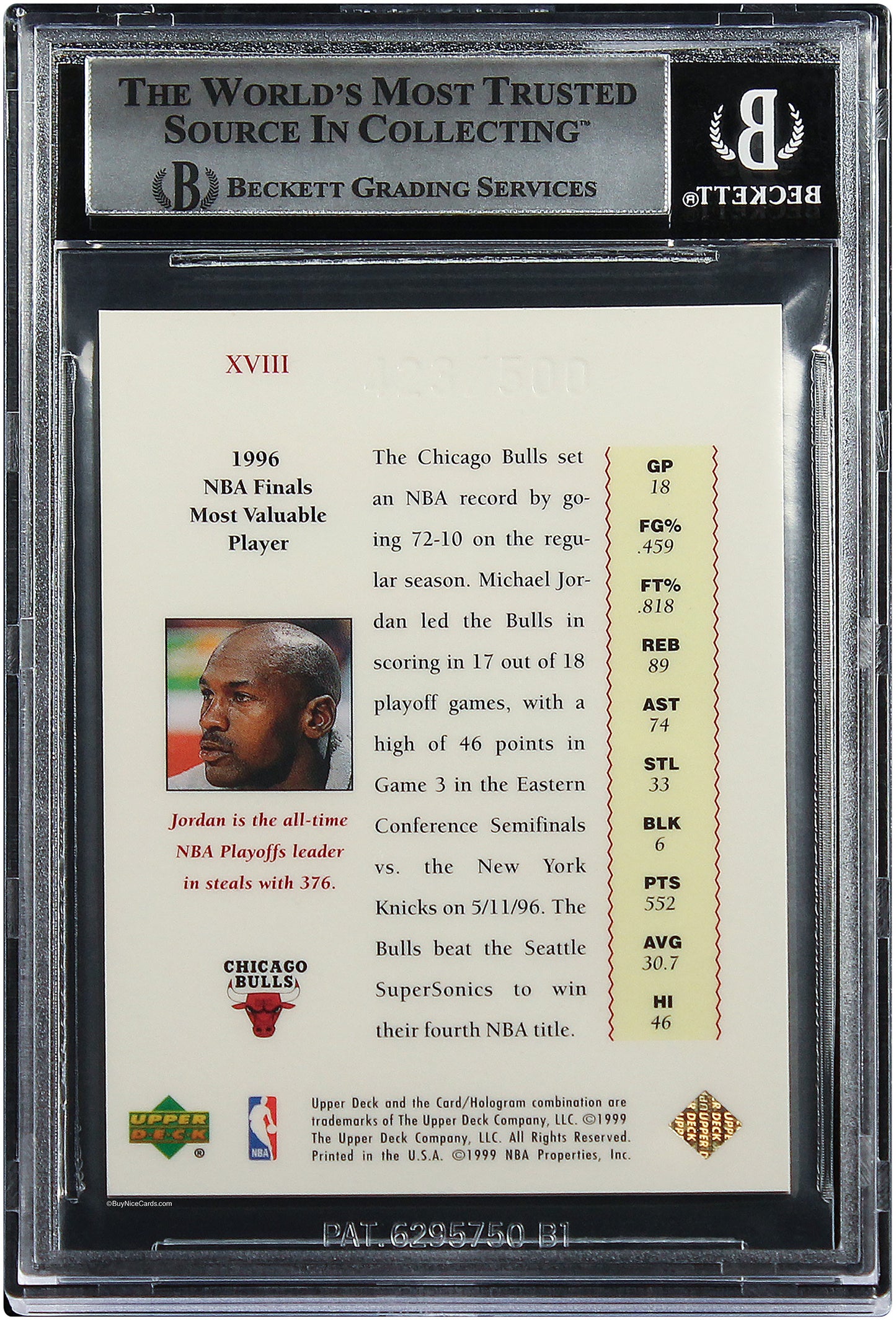 1999-00 Michael Jordan Upper Deck Master Collection Finals MVP /500 #18 BGS 8.5