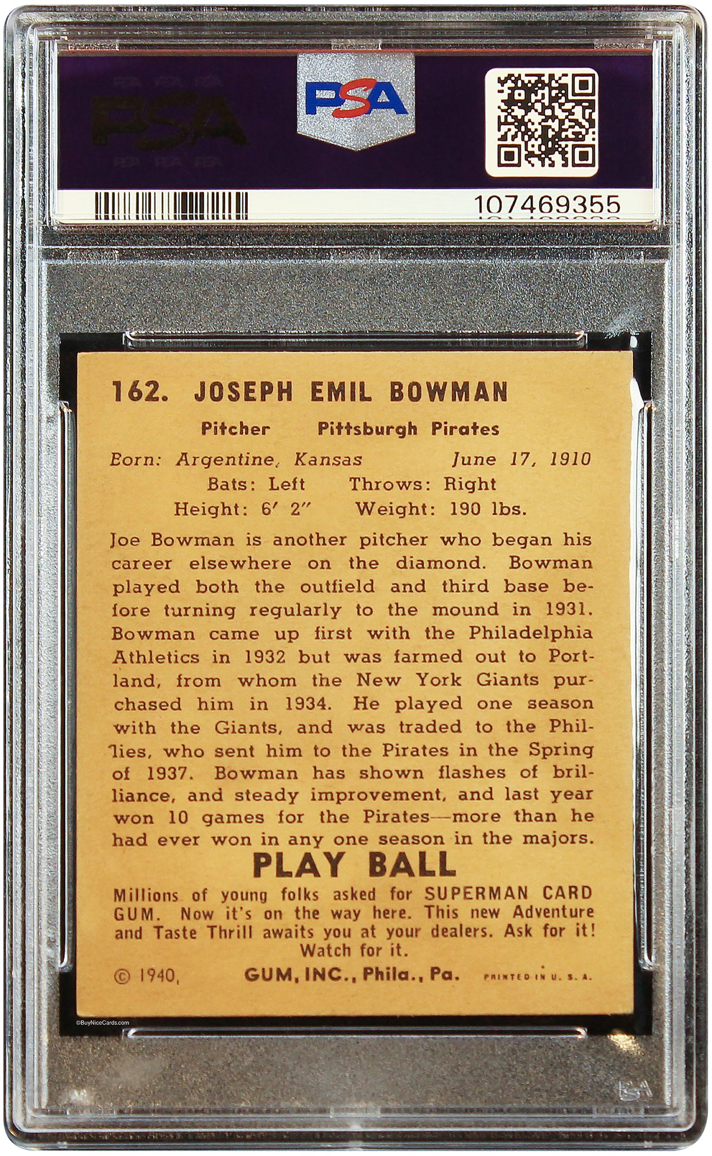 1940 Joe Bowman Play Ball #162 PSA 5 EX