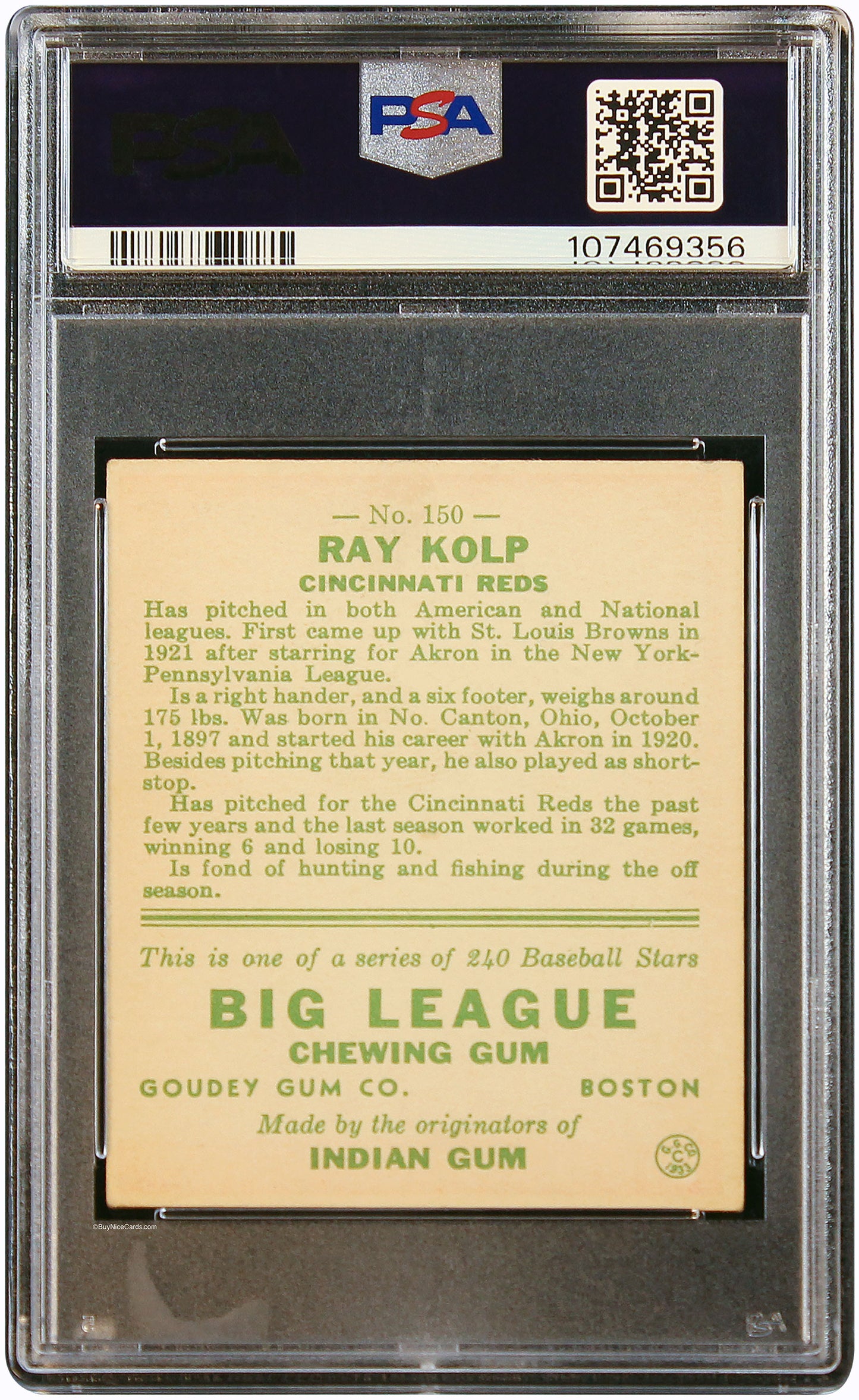 1933 Ray Kolp Goudey #150 PSA 3 VG