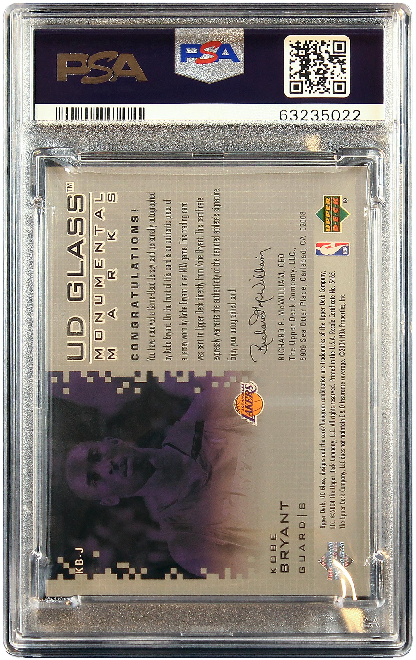 2003 Kobe Bryant Upper Deck UD Glass Monumental Marks SP Patch Auto #KB-J PSA 9 / 10