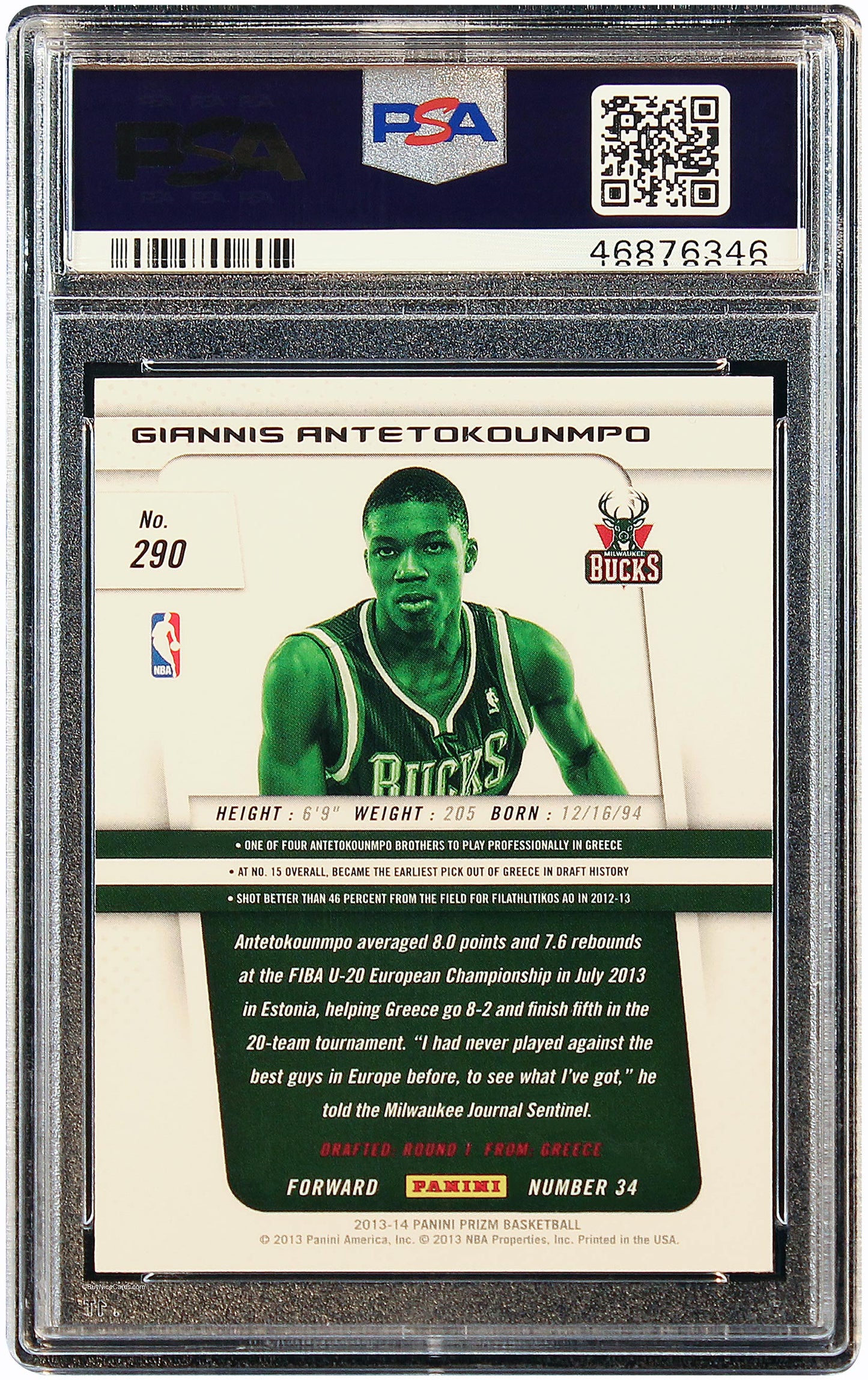 2013 Giannis Antetokounmpo Panini Prizm Base RC Rookie #290 PSA 10 Gem Mint