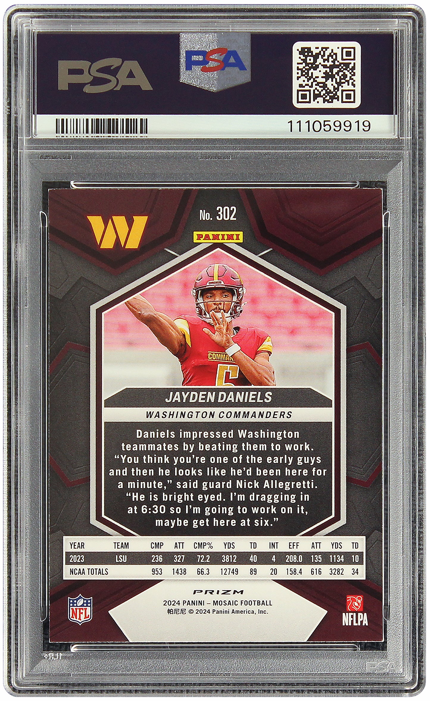 2024 Jayden Daniels Panni Prizm Honeycomb RC Rookie #302 PSA 9 Mint