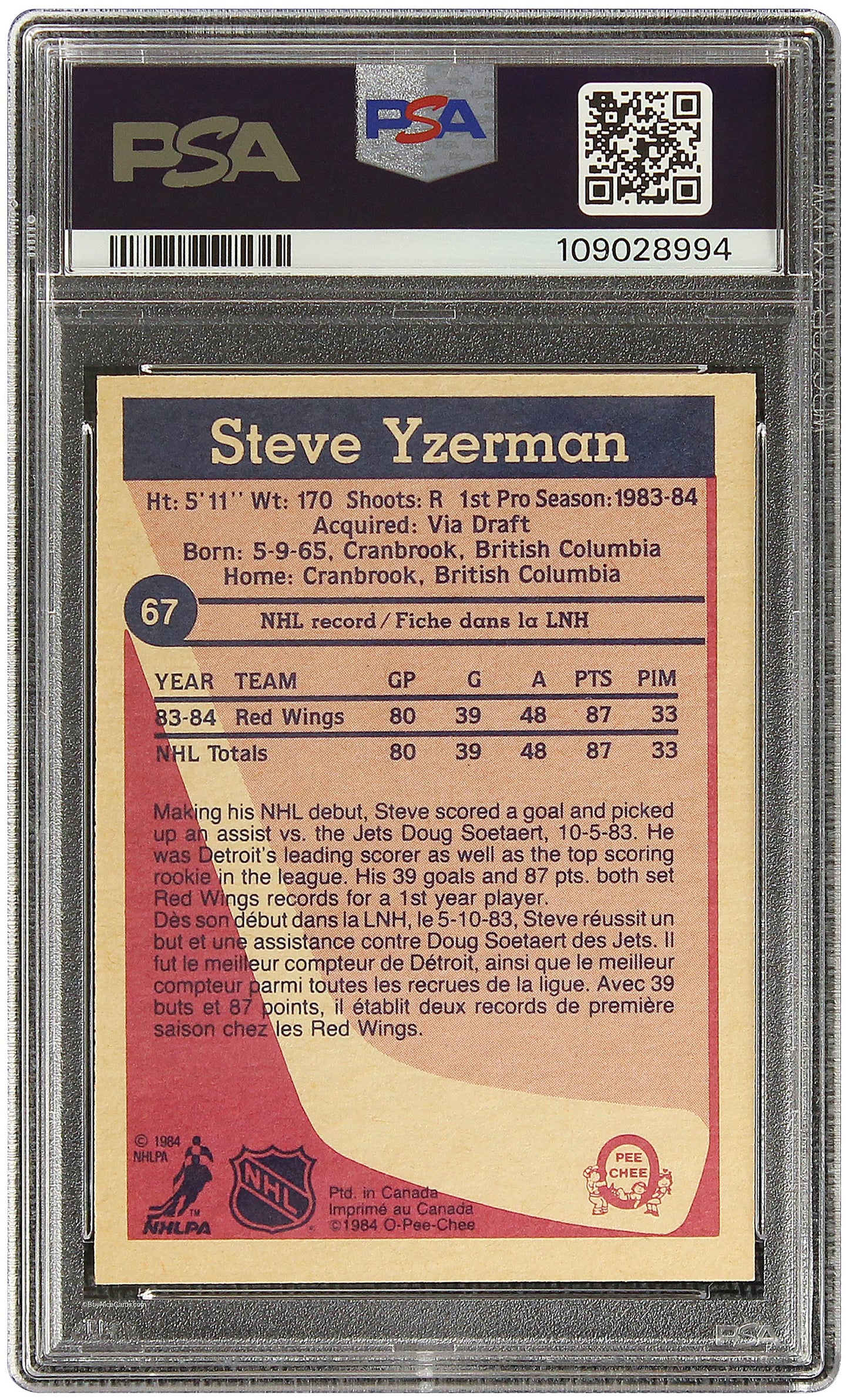 1984 Steve Yzerman OPC O-Pee-Chee RC Rookie #67 PSA 7 MN