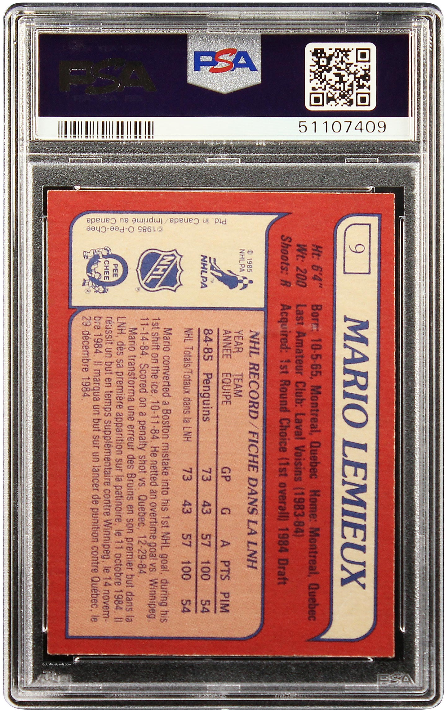 1985 Mario Lemieux OPC O-Pee-Chee RC Rookie #9 PSA 9 Mint