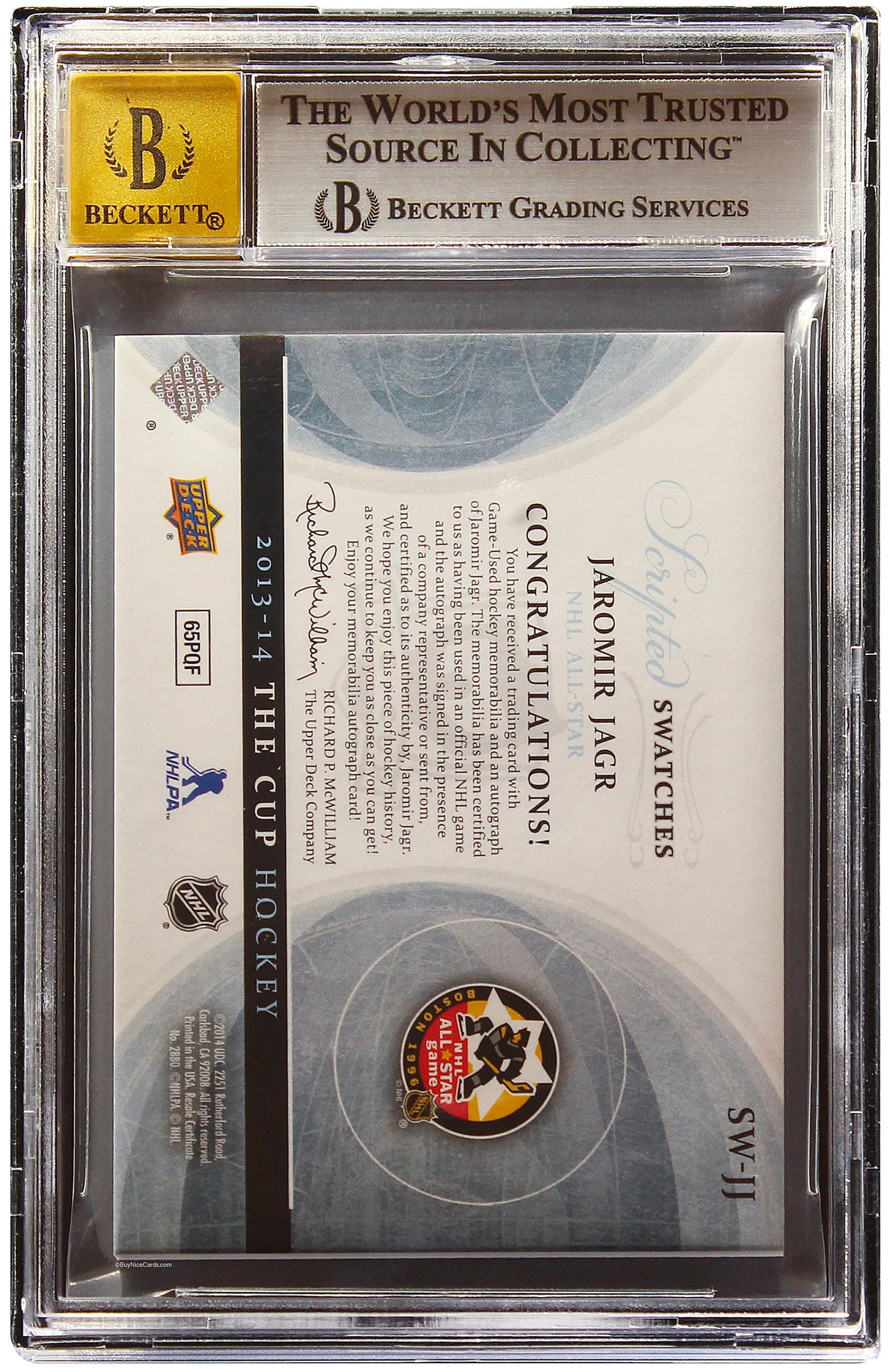 2013-14 Jaromir Jagr Upper Deck The Cup Scripted Swatches Patch Auto /35 BGS 9 / 10