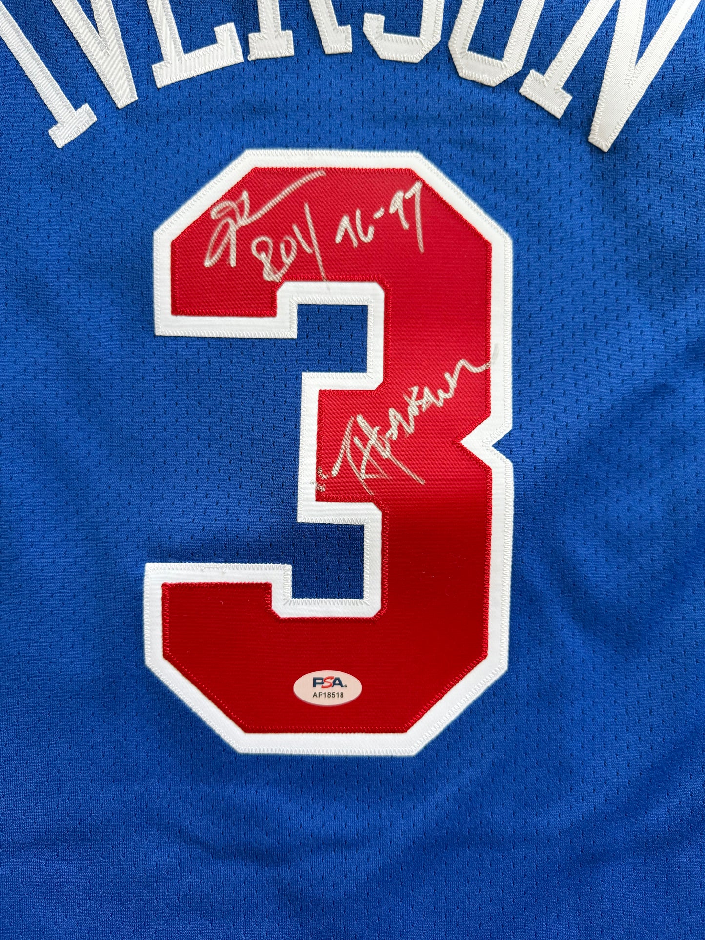 1996-97 Allen Iverson Mitchell & Ness Royal Authentic 76ers Autograph & Inscribed Jersey PSA