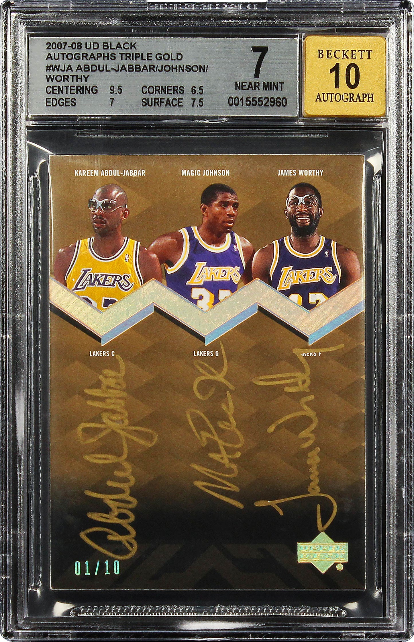 2007-08 Magic Johnson - Kareem Abdul-Jabbar - James Worth Upper Deck UD Black Gold Triple Auto /10 BGS 7 / 10