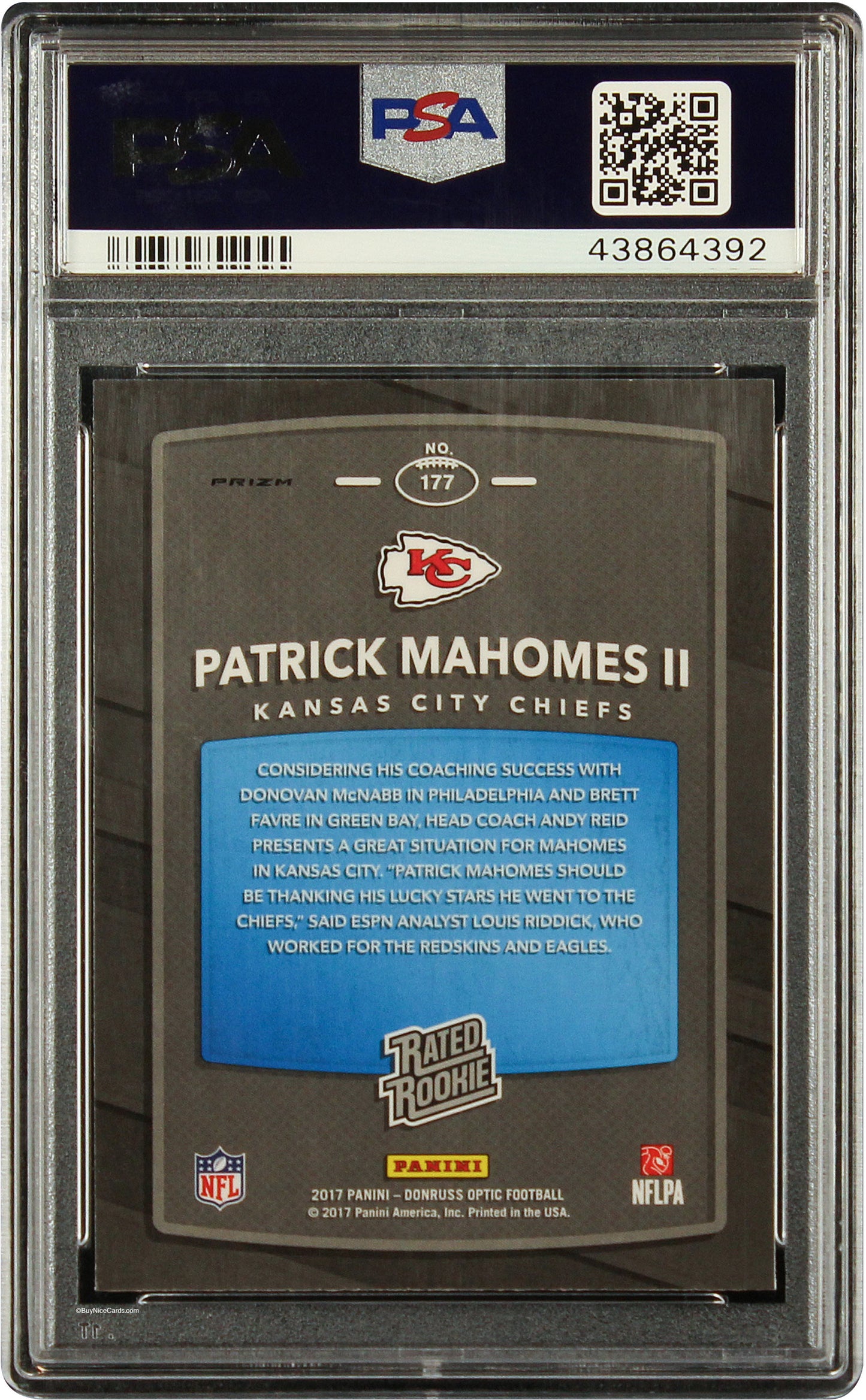 2017 Patrick Mahomes Panini Donruss Optic Holo Silver Prizm Rc Rookie 177 PSA 10