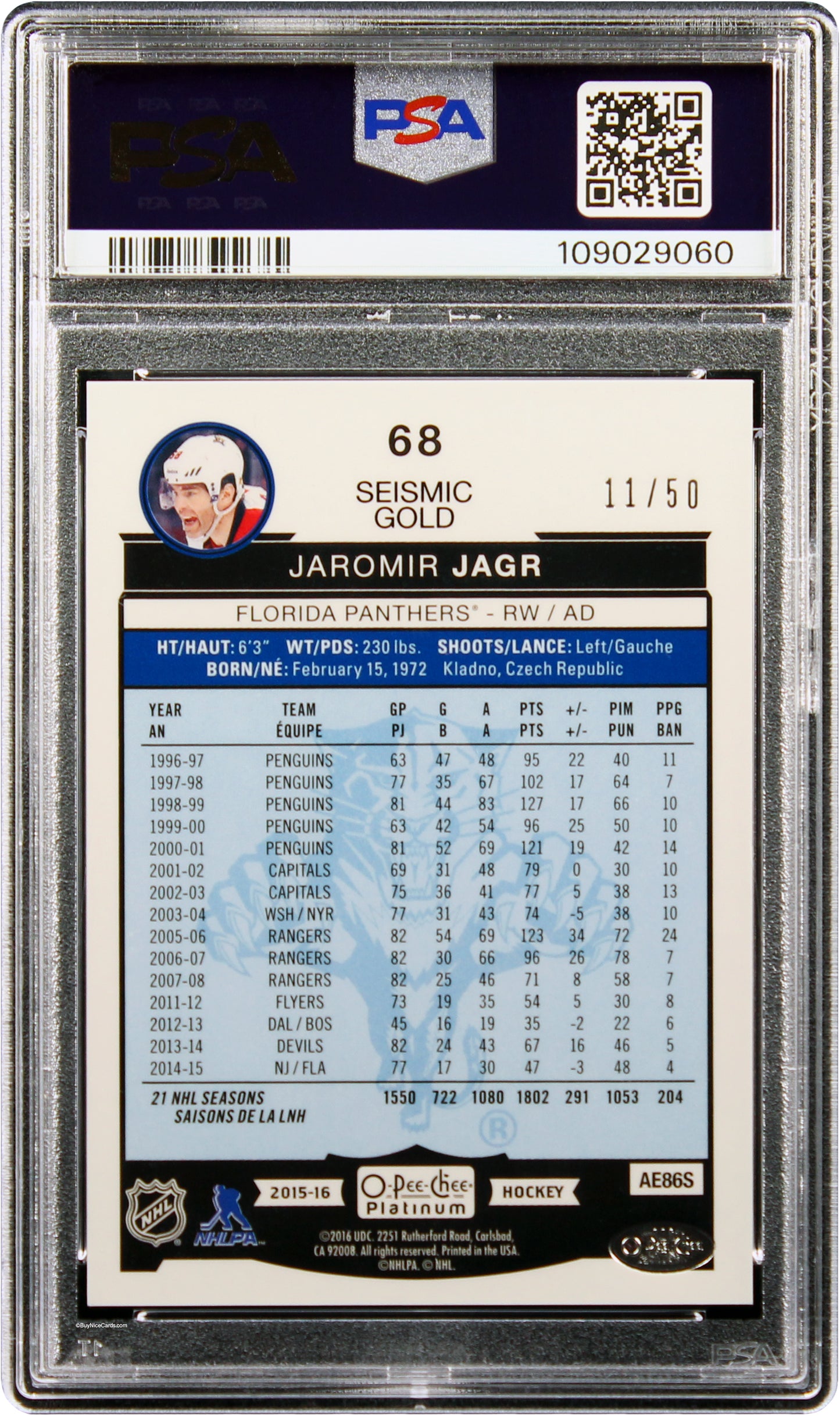 2015 Jaromir Jagr O.P.C. OPC Seismic Gold /50 #68 PSA 10 Gem Mint Pop 1