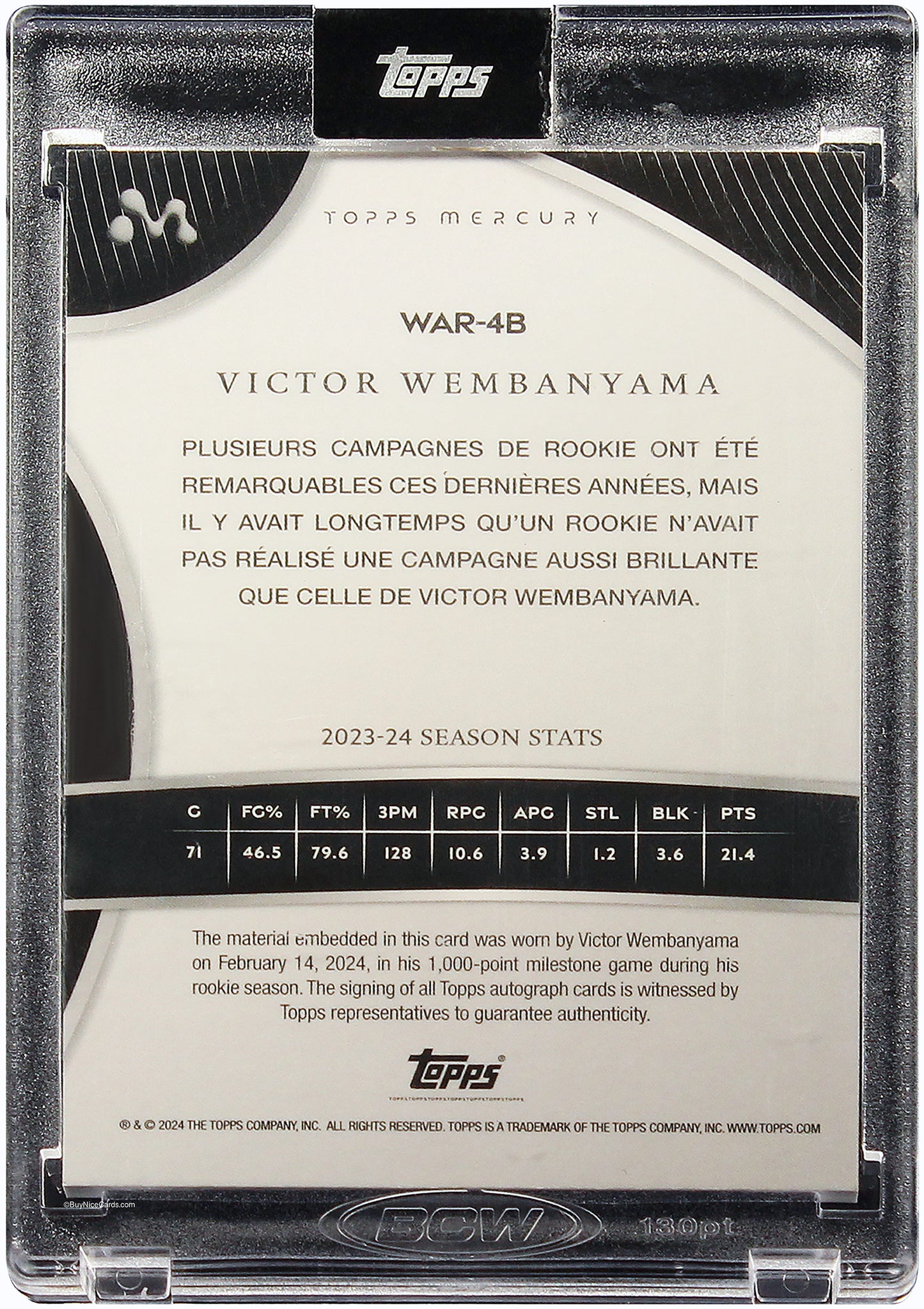 2024 Victor Wembanyama Topps Mercury RC Rookie Game Worn Patch Auto /75 # WAR-4B