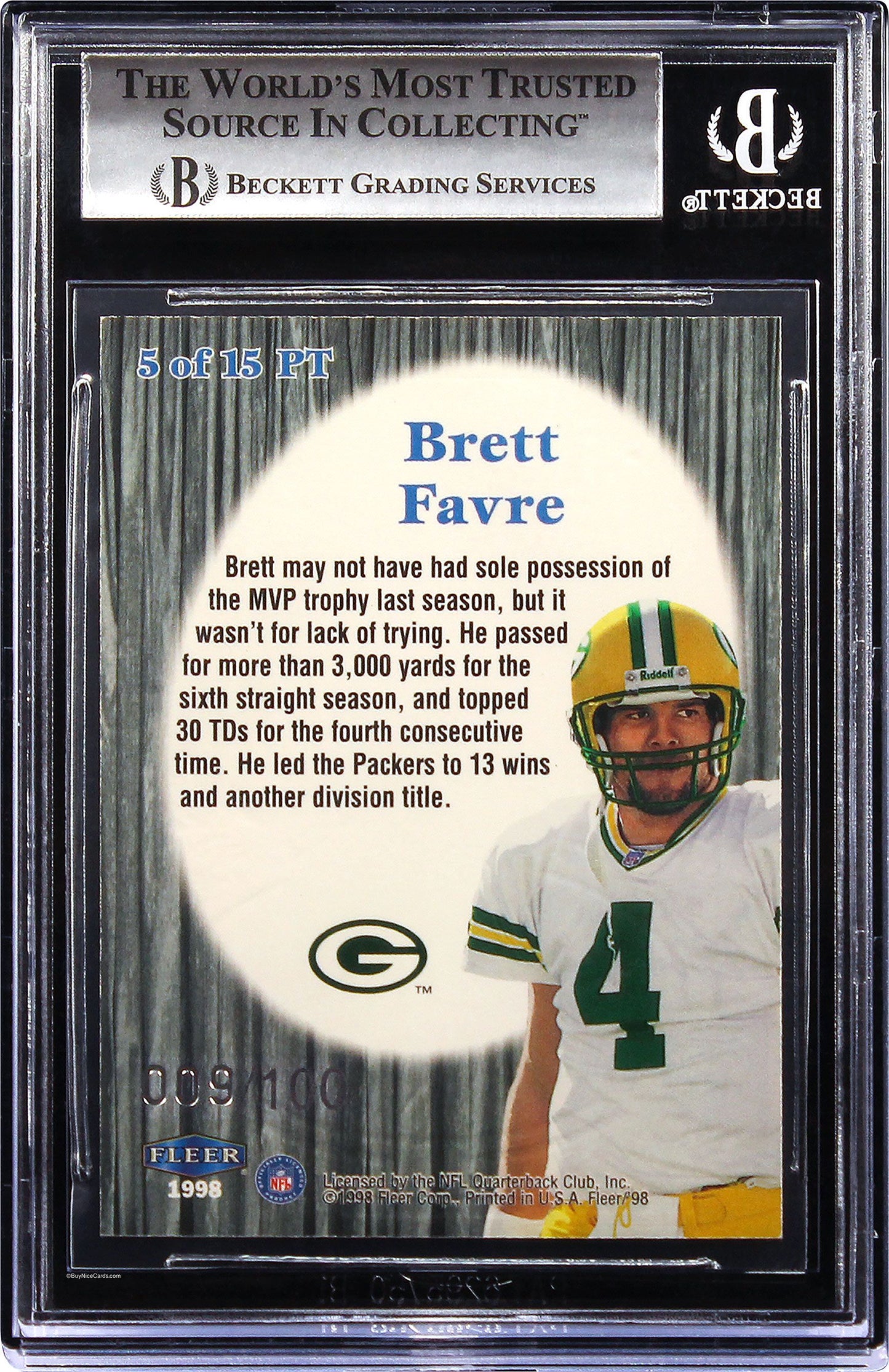 1998 Brett Favre Fleer Tradition Playmakers Theatre Embossed /100 #PT5 BGS 9 MT