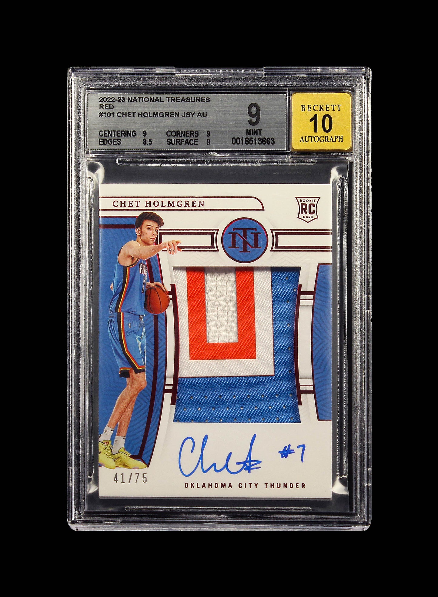 2022-23 Chet Holmgren Panini National Treasures Red RC Rookie Patch Auto /75 BGS 9 / 10