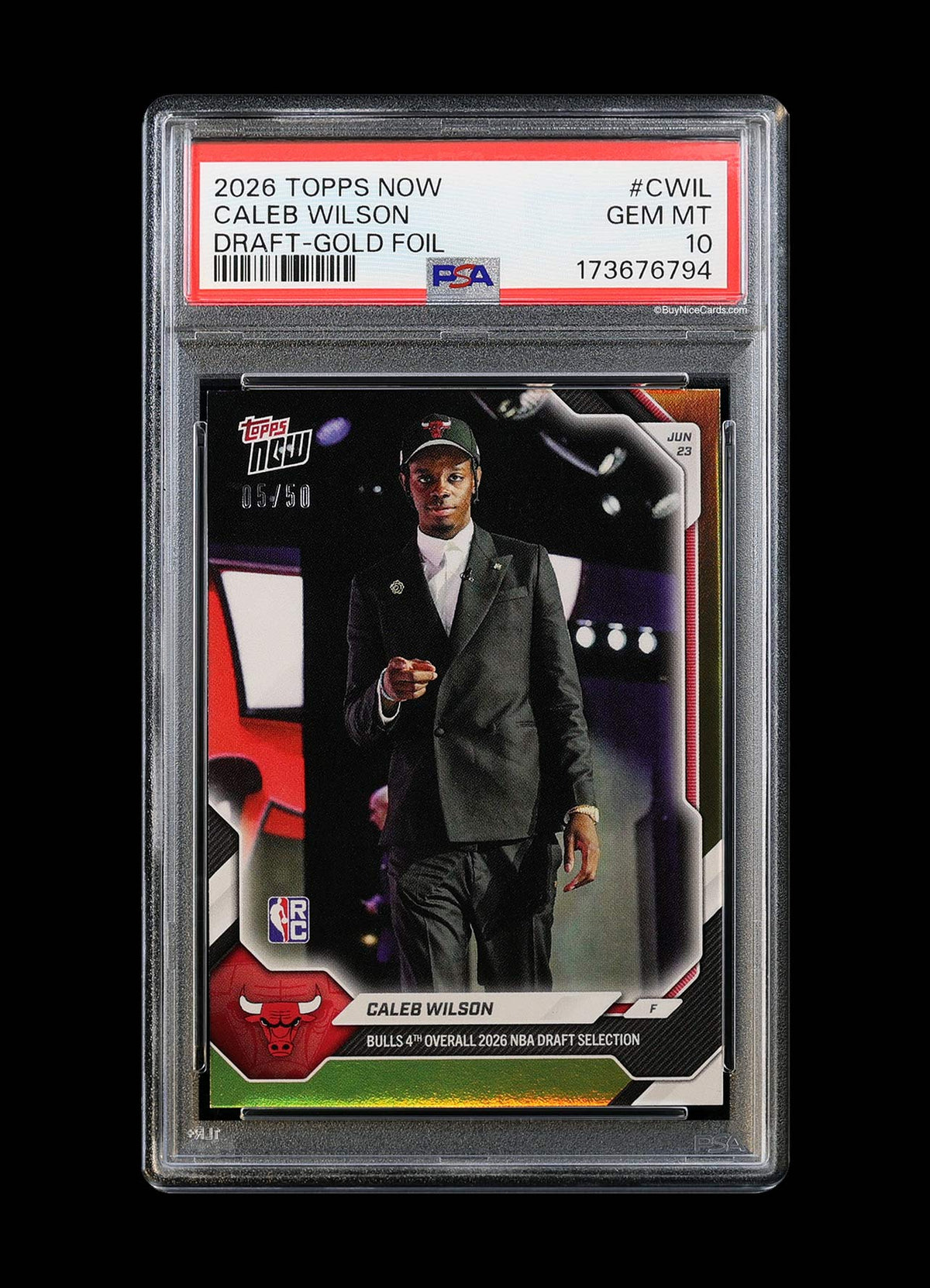 2026 Caleb Wilson Topps Now Draft Gold Foil SP RC Rookie /50 #CWIL PSA 10 Gem Mint