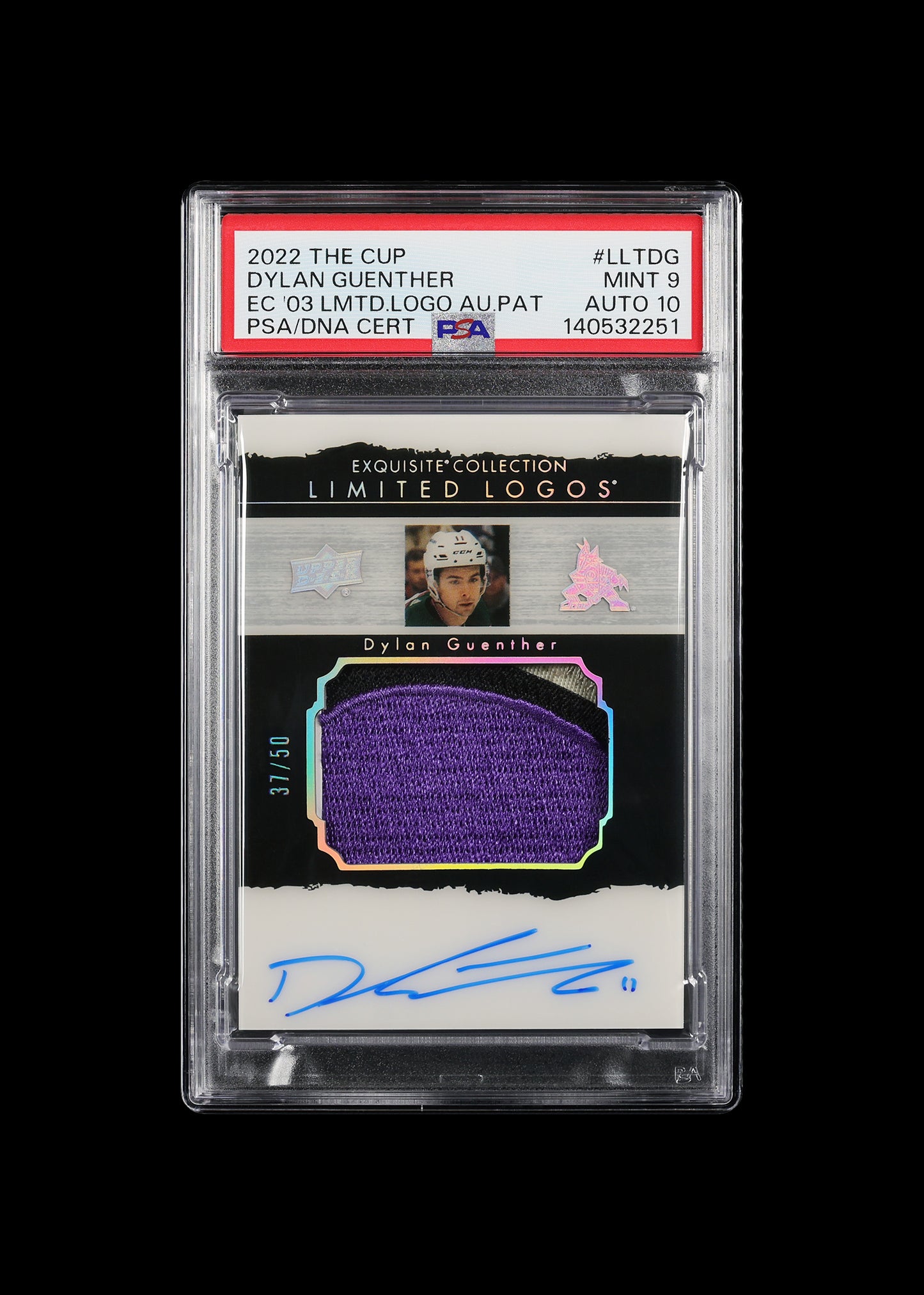 2022 Dylan Guenther Upper Deck The Cup Limited Logos RC Rookie Patch Auto / 50 PSA 9 / 10