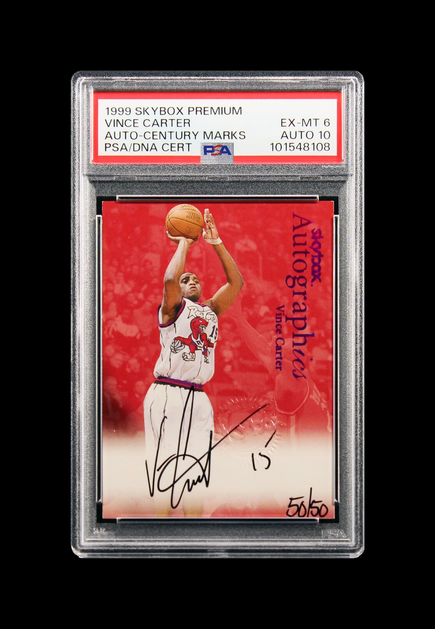 1999 Vince Carter Skybox Premium Autographics Century Marks Auto /50 PSA 6 / 10