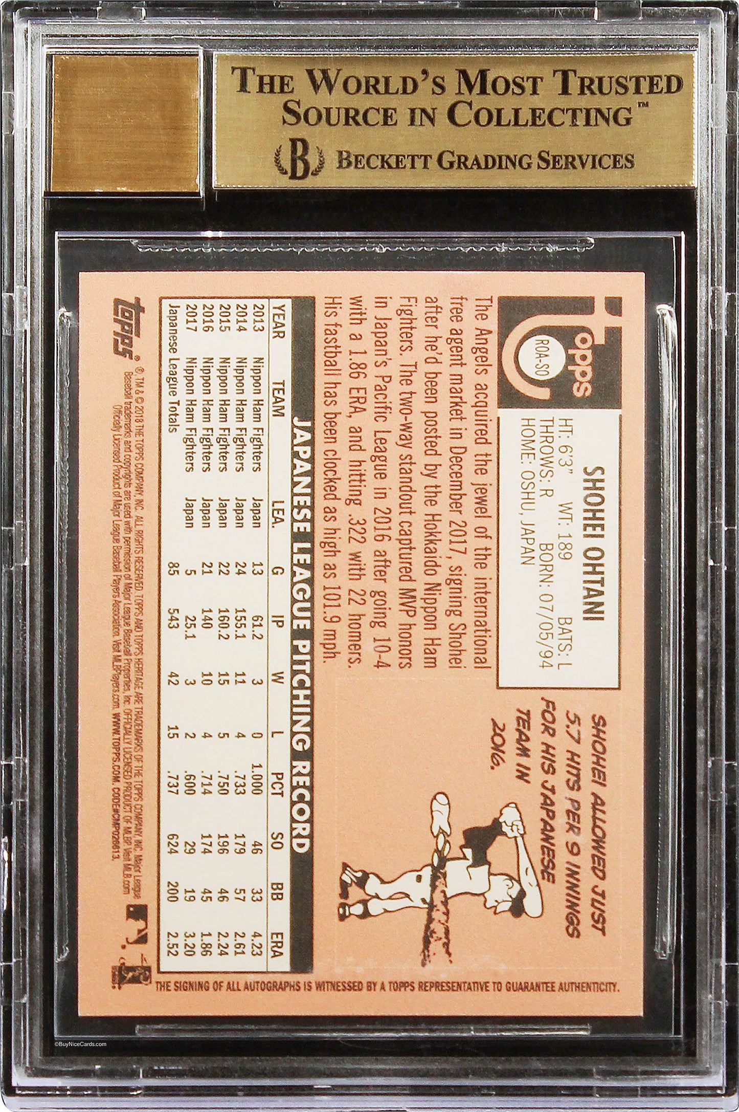 2018 Shohei Ohtani Topps Heritage Real One Red Ink Auto /69 #ROASO BGS 9.5 / 10