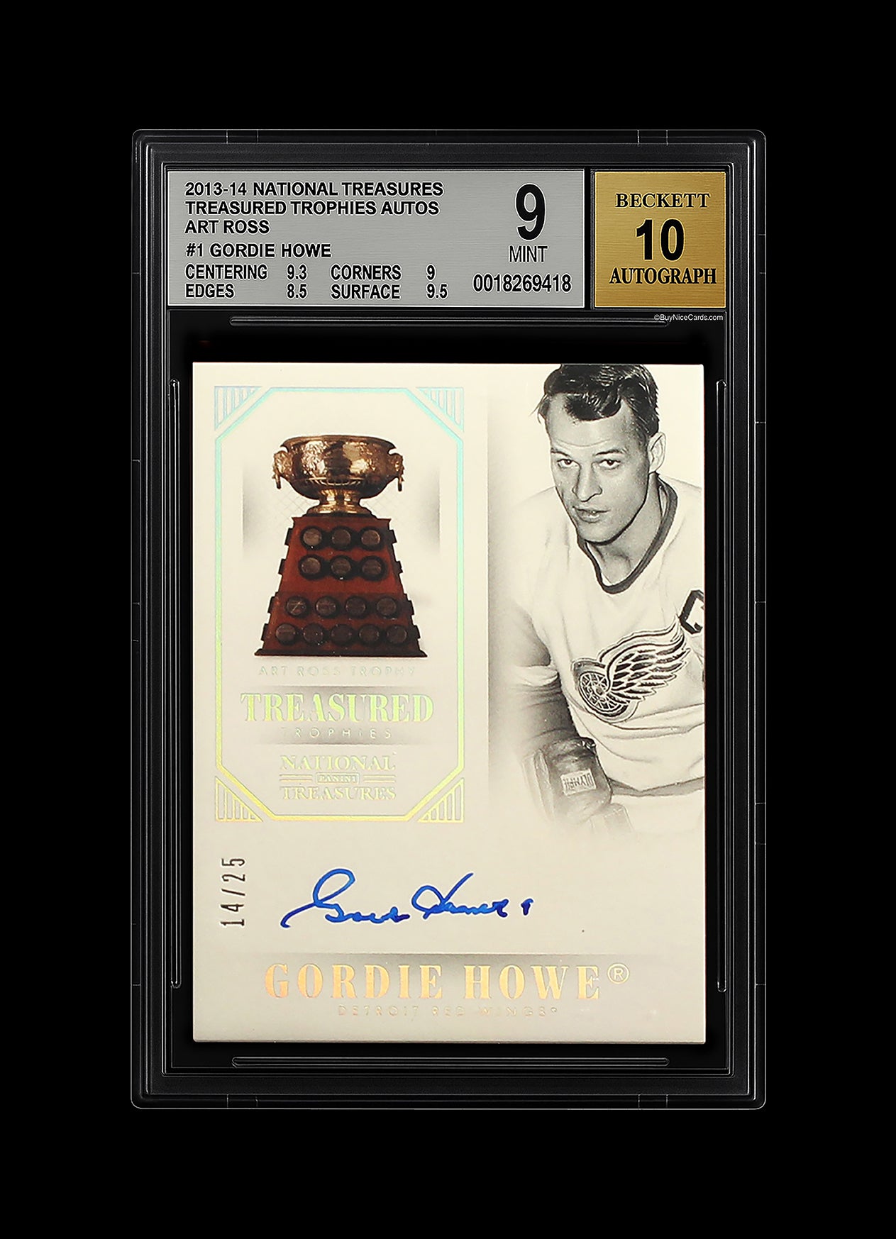2013-14 Gordie Howe Panini National Treasures Treasured Trophies Auto /25 BGS 9 / 10