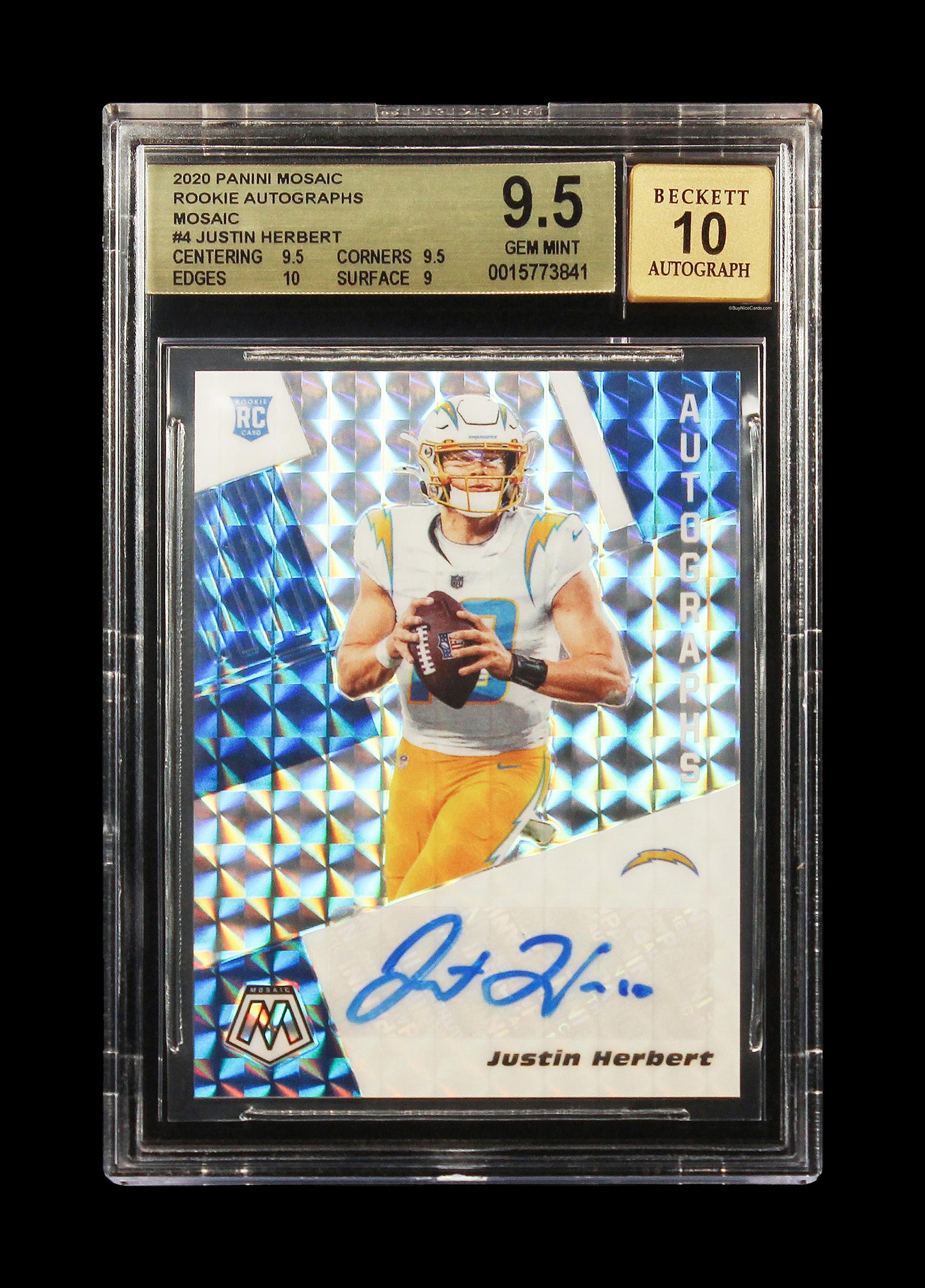 2020 Justin Herbert Panini Mosaic Prizm Rc Rookie Sp Auto #4 Bgs 9.5 / 10