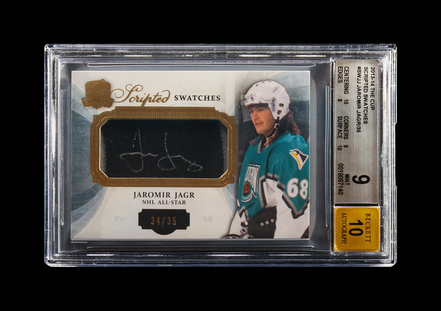 2013-14 Jaromir Jagr Upper Deck The Cup Scripted Swatches Patch Auto /35 BGS 9 / 10