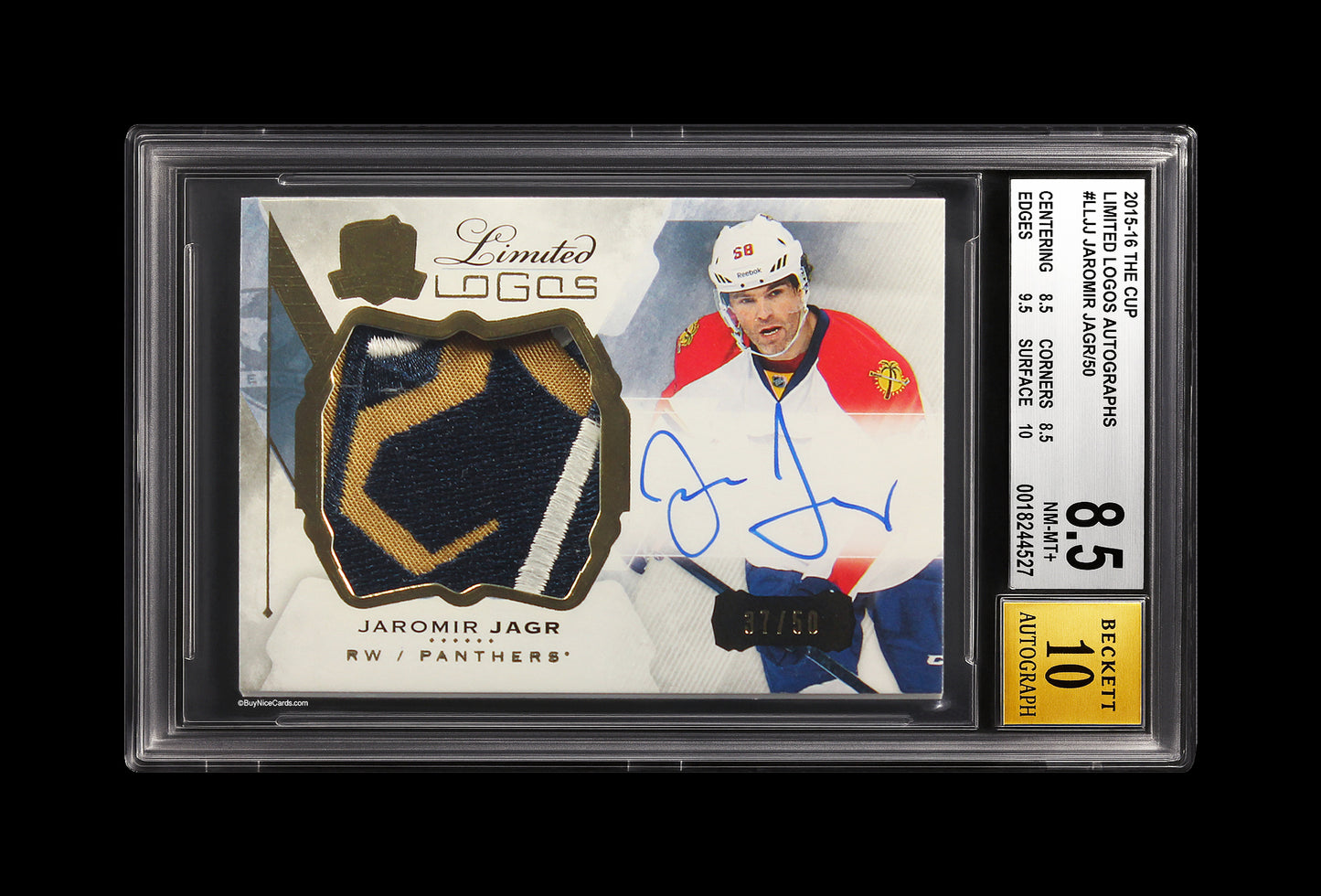 2015-16 Jaromir Jagr Upper Deck The Cup Limited Logos Patch Auto #LLJJ /50 BGS 8.5 / 10