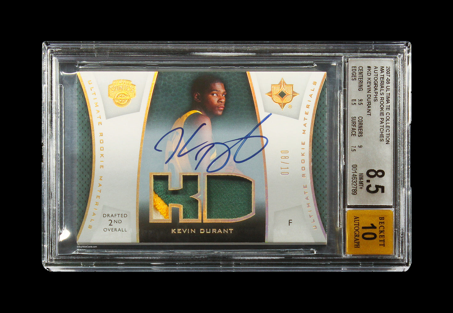 2007-08 Kevin Durant Upper Deck Ultimate Collection Materials RC Rookie Patch Auto /10 BGS 8.5 / 10