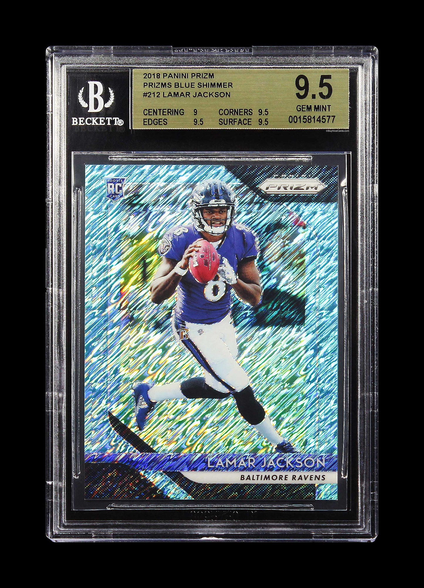 2018 Lamar Jackson Panini Prizm Blue Shimmer Prizms Sp Rc Rookie /9 #212 Bgs 9.5