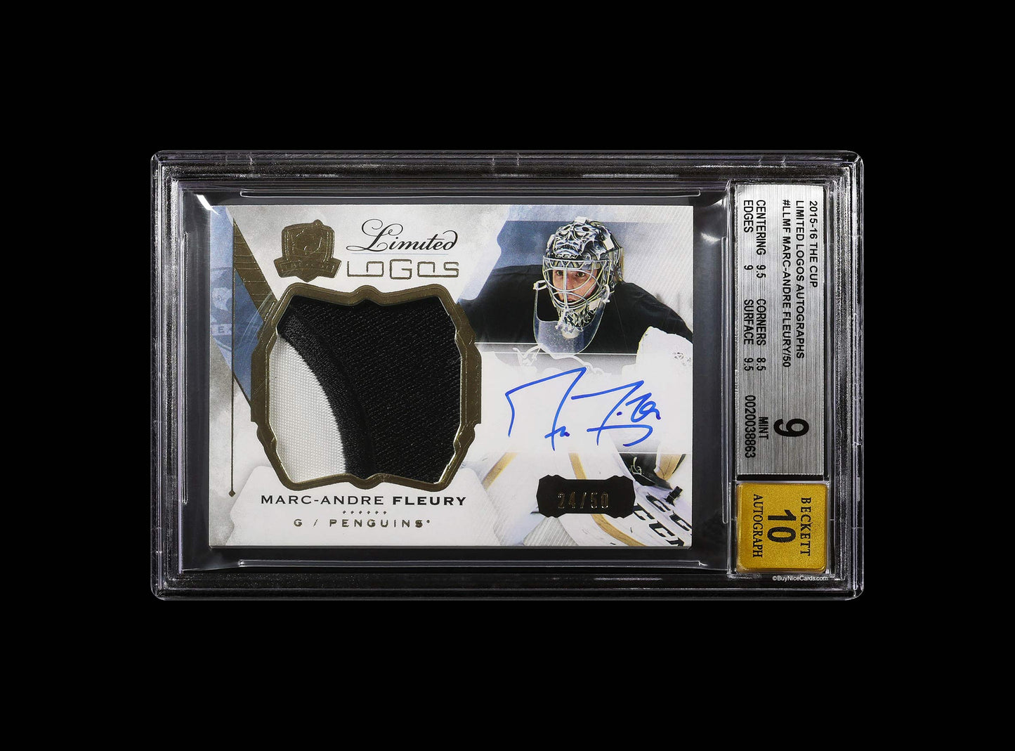 2015-16 Marc -Andre Fleury Upper Deck The Cup Limited Logos Patch Auto /50 BGS 9