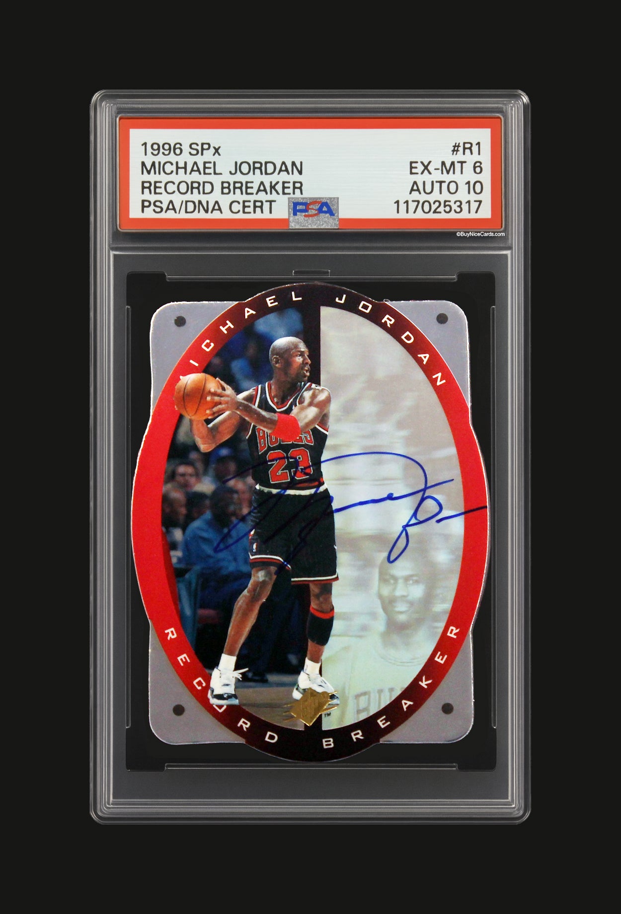 1996 Michael Jordan Upper Deck Record Breaker SPX on card Auto #RD PSA 6 / 10