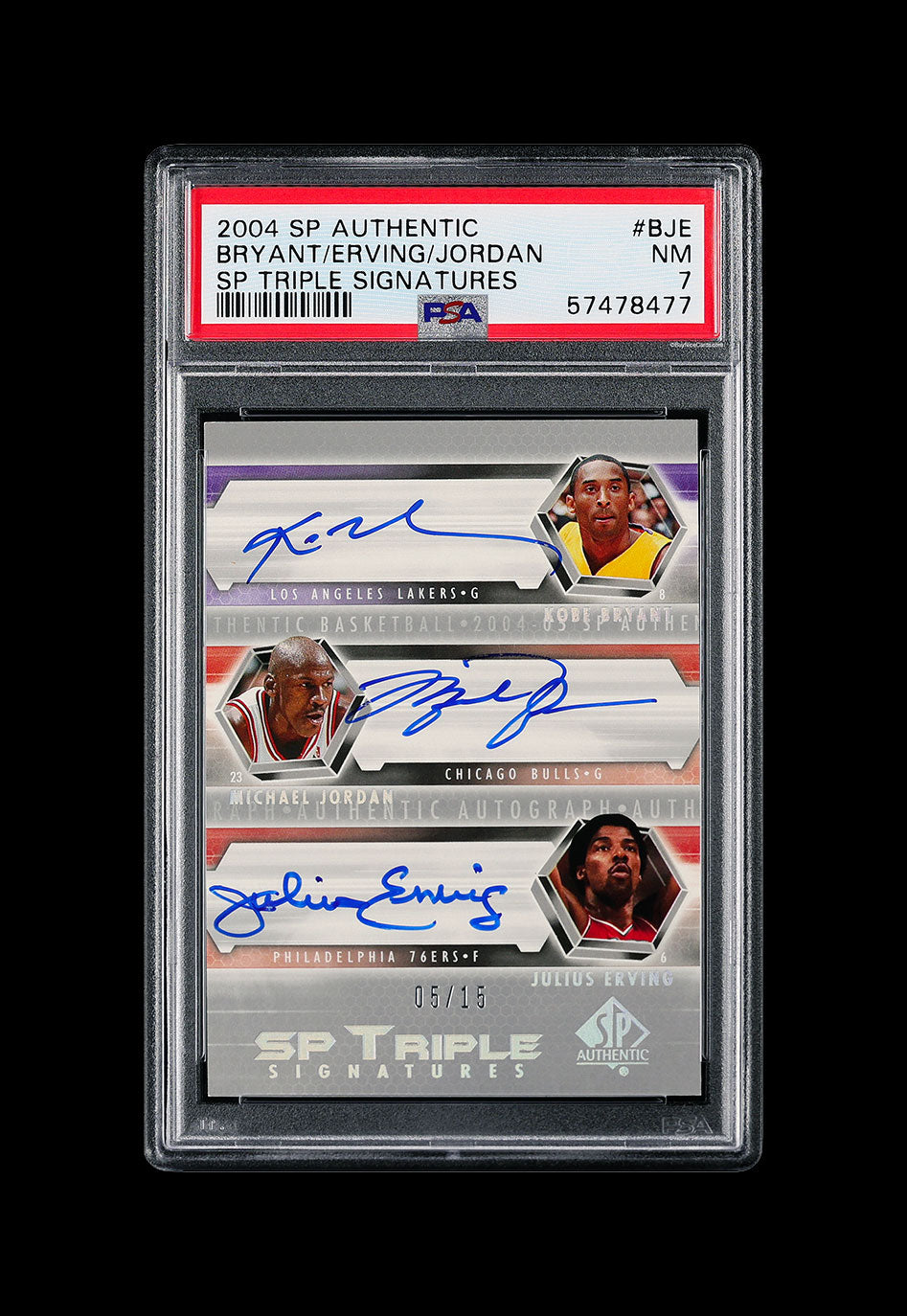 2004 Michael Jordan Kobe Bryant Julius Erving Dr. J UD SP Authentic Triple Auto /15 #BJE PSA 7